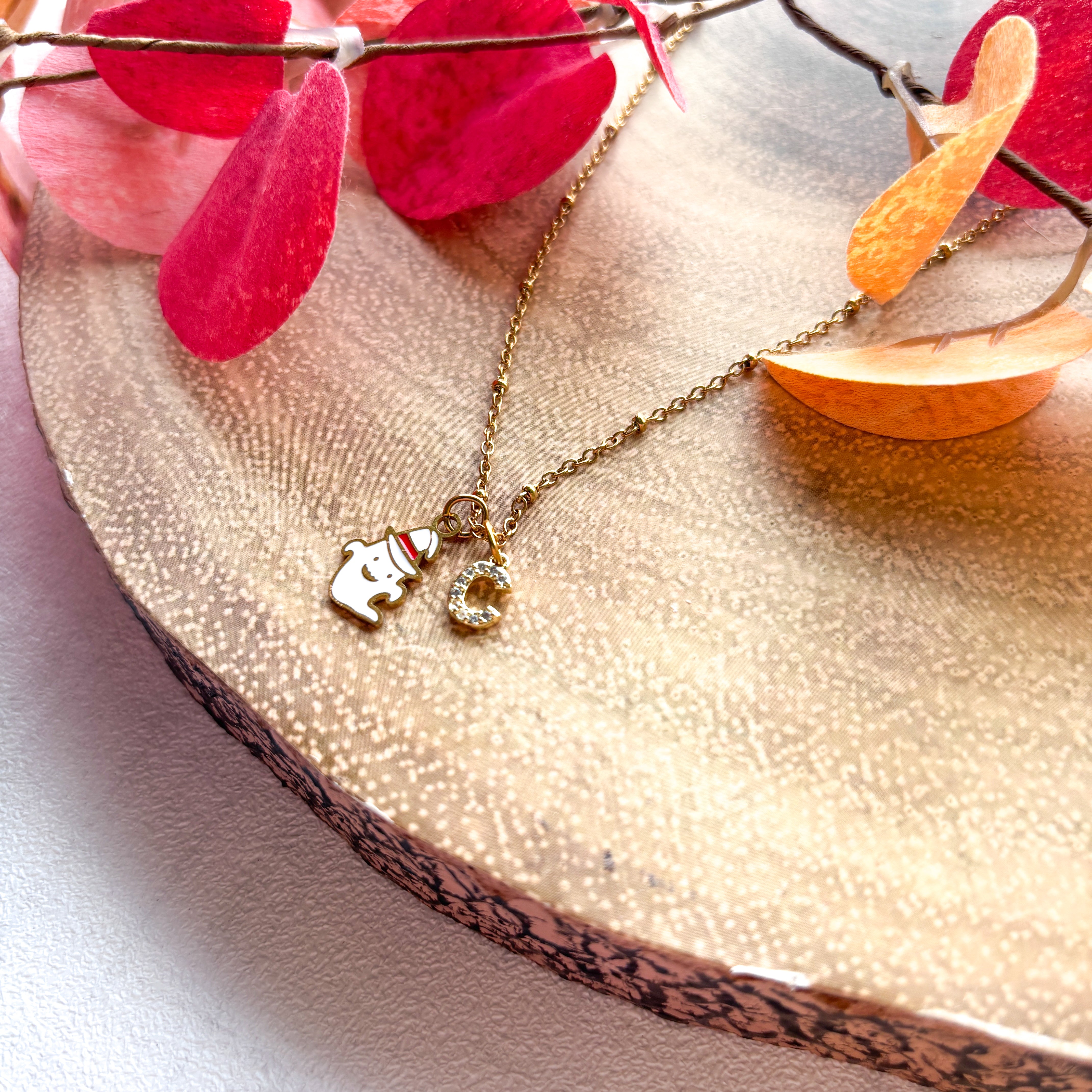 Personalised Ghost Necklace – White Enamel Ghost with Witch Hat