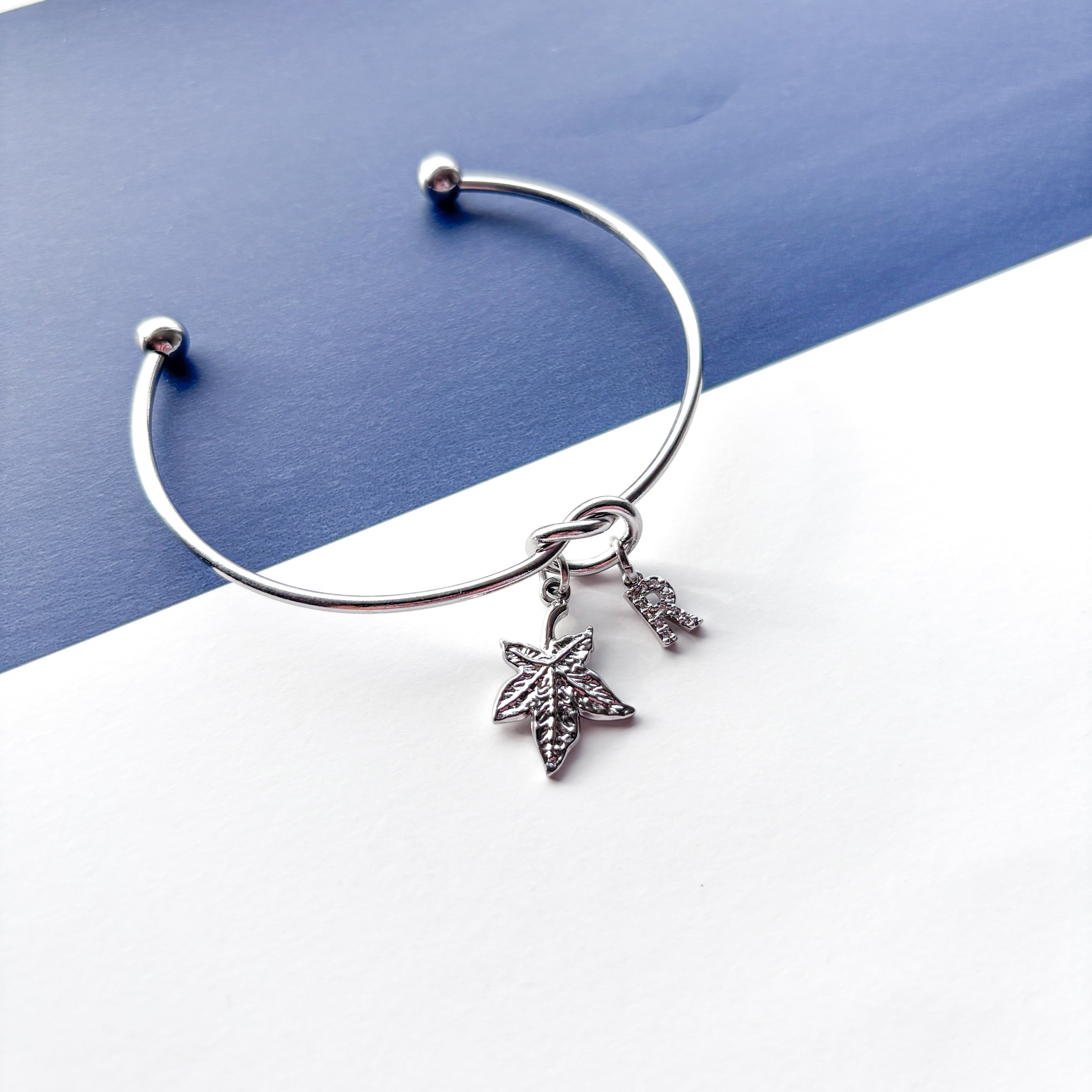Personalised Maple Leaf Bracelet – Autumn Leaf Initial Charm Bangle