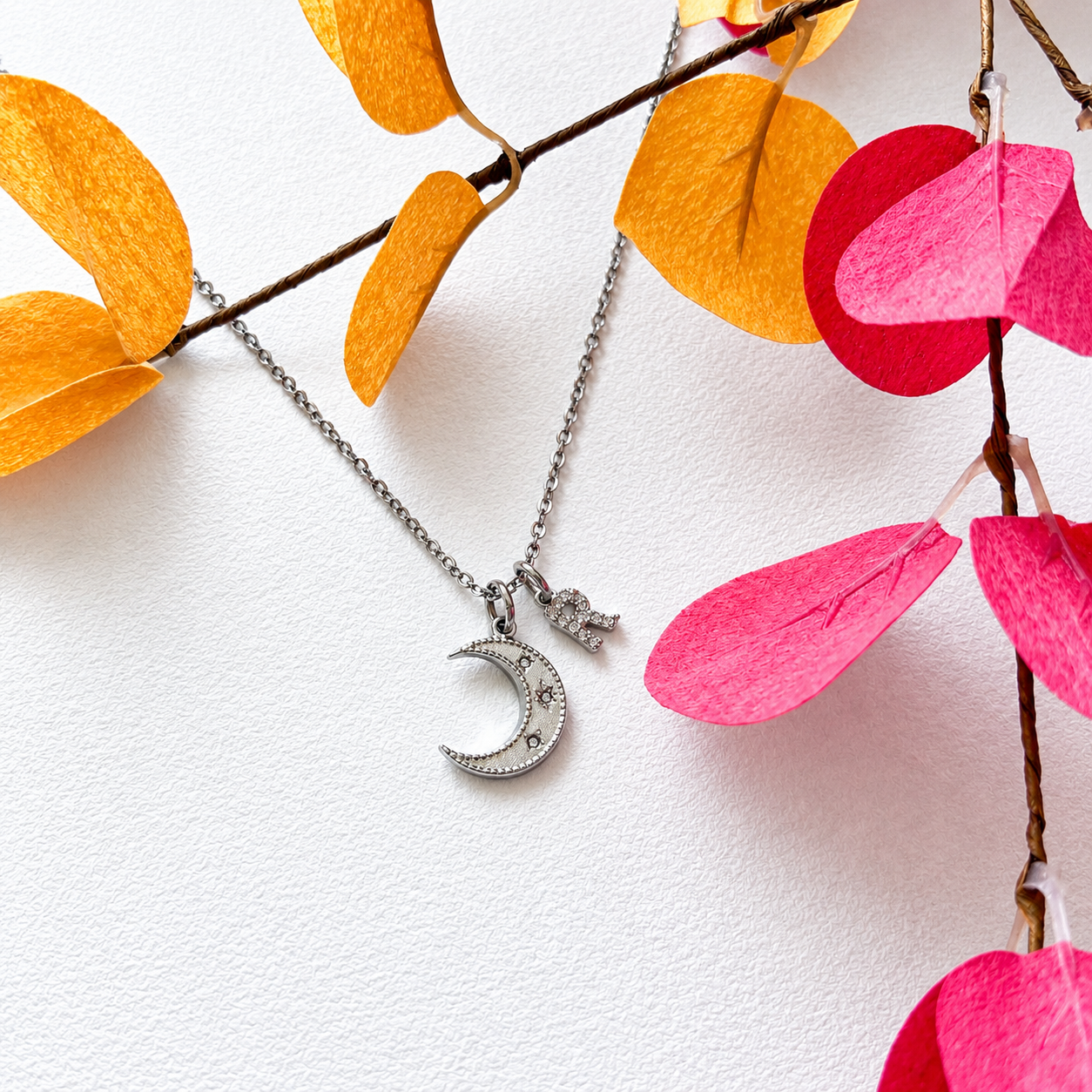 Personalised Half Moon Necklace – Initial Charm Celestial Jewellery