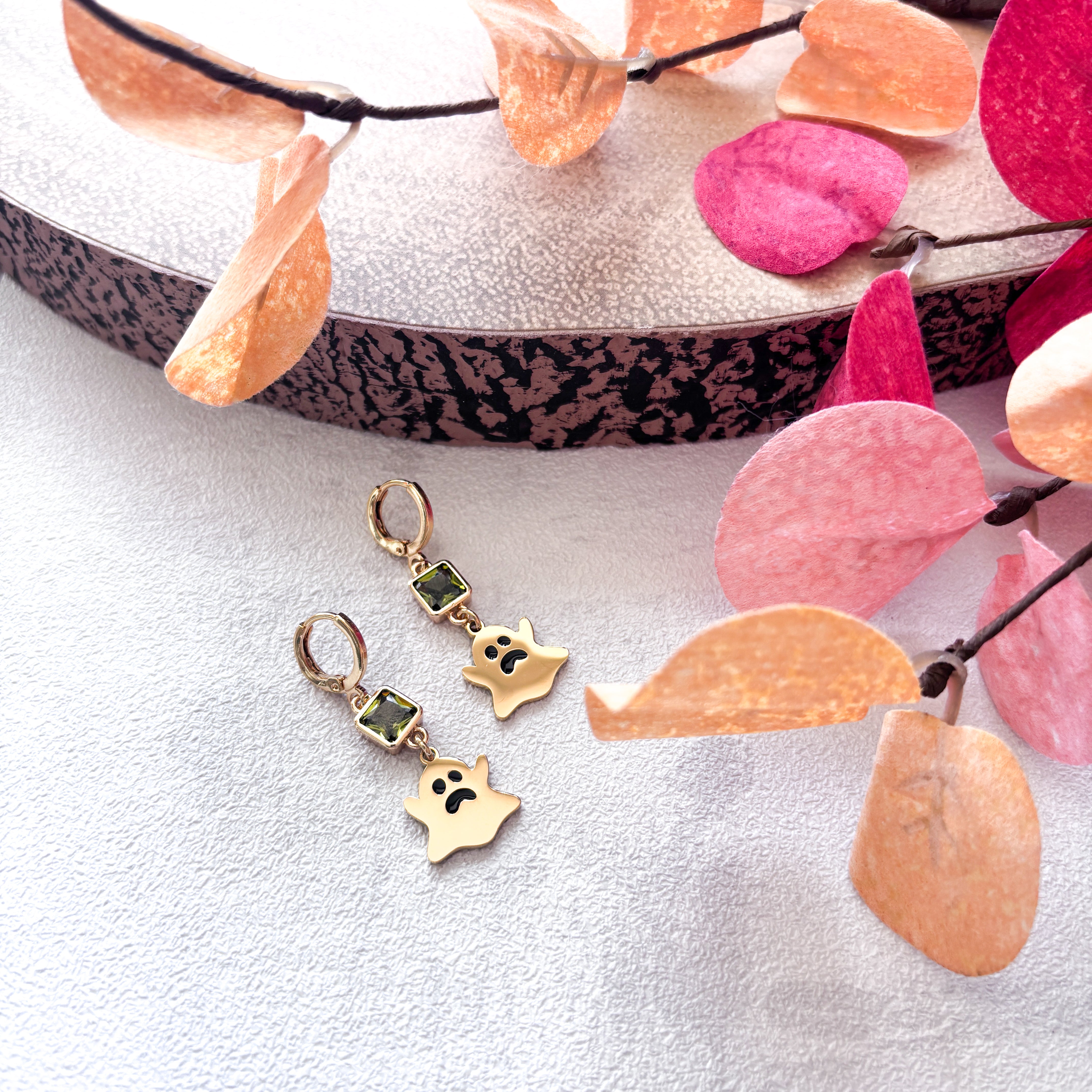 Ghost Earrings with Black Enamel Eyes – Birthstone Halloween Jewellery