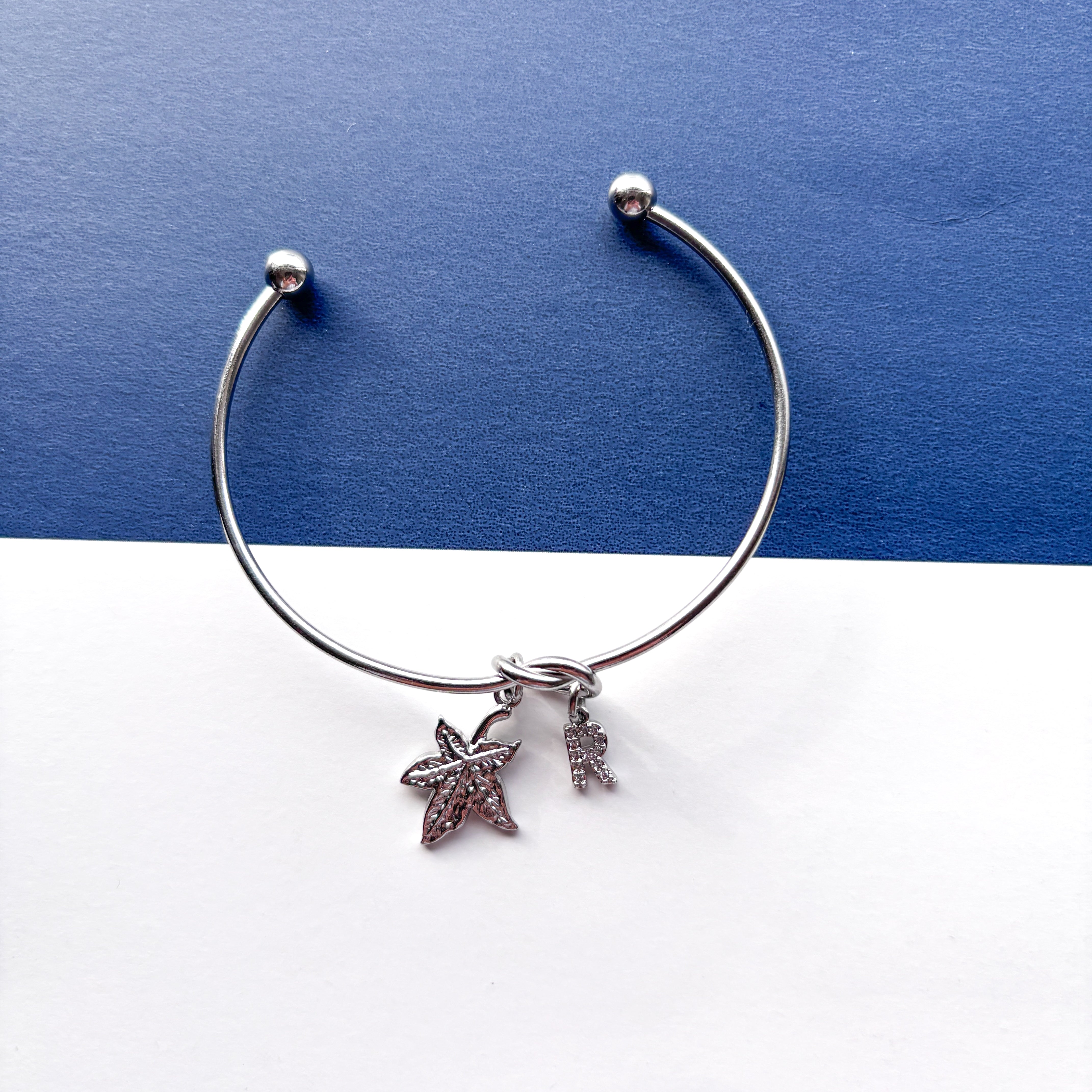 Personalised Maple Leaf Bracelet – Autumn Leaf Initial Charm Bangle