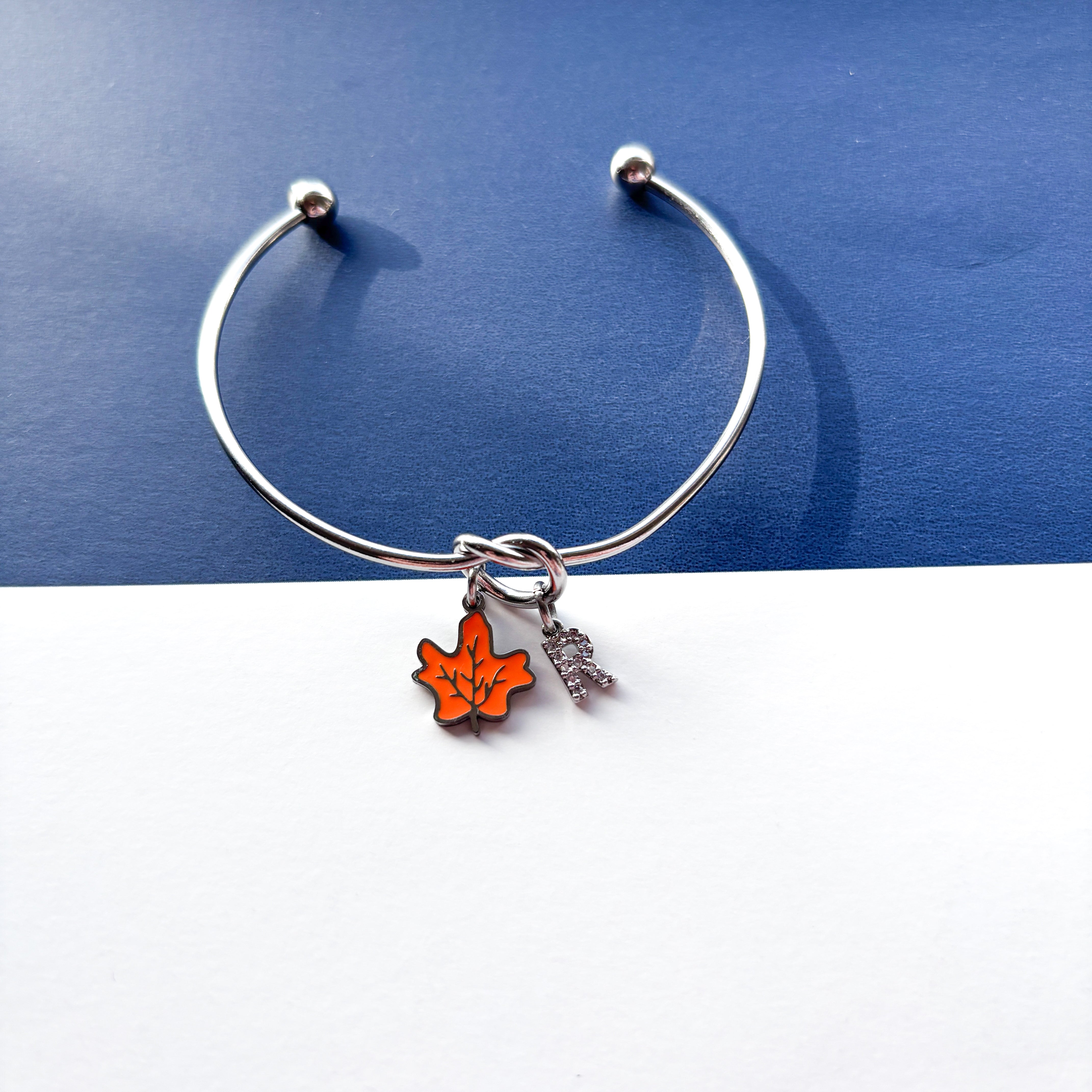 Personalised Enamel Maple Leaf Bangle – Autumn Initial Charm Bracelet