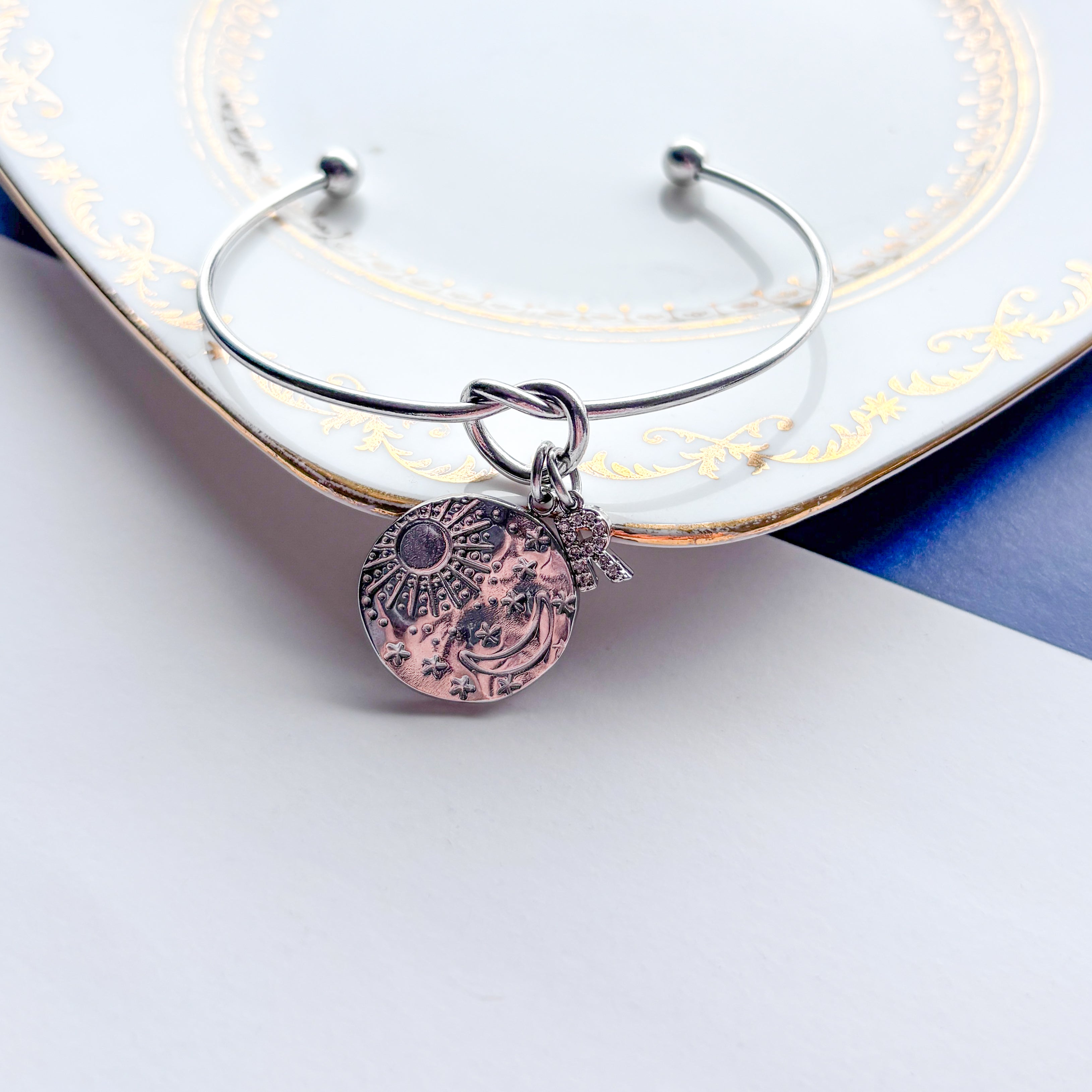 Personalised Moon, Sun & Star Bangle – Initial Charm Celestial Jewellery