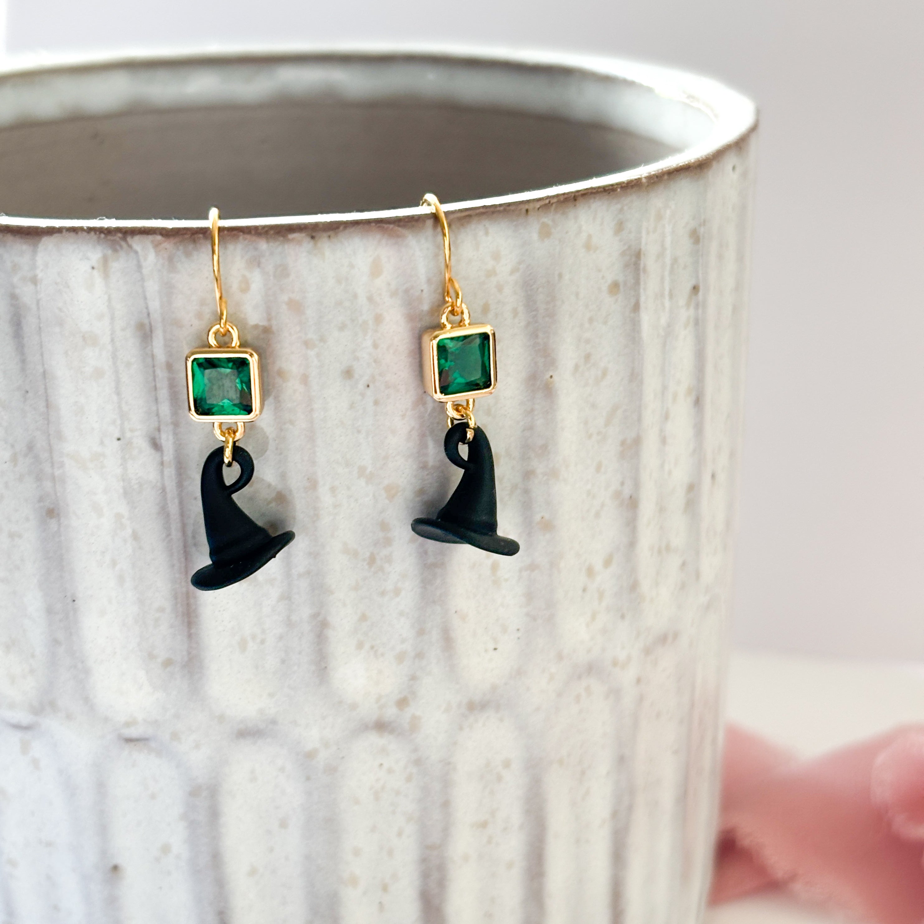 Wicked Witch Hat Dangle Earrings, Green CZ Charm, Witchcore Jewellery