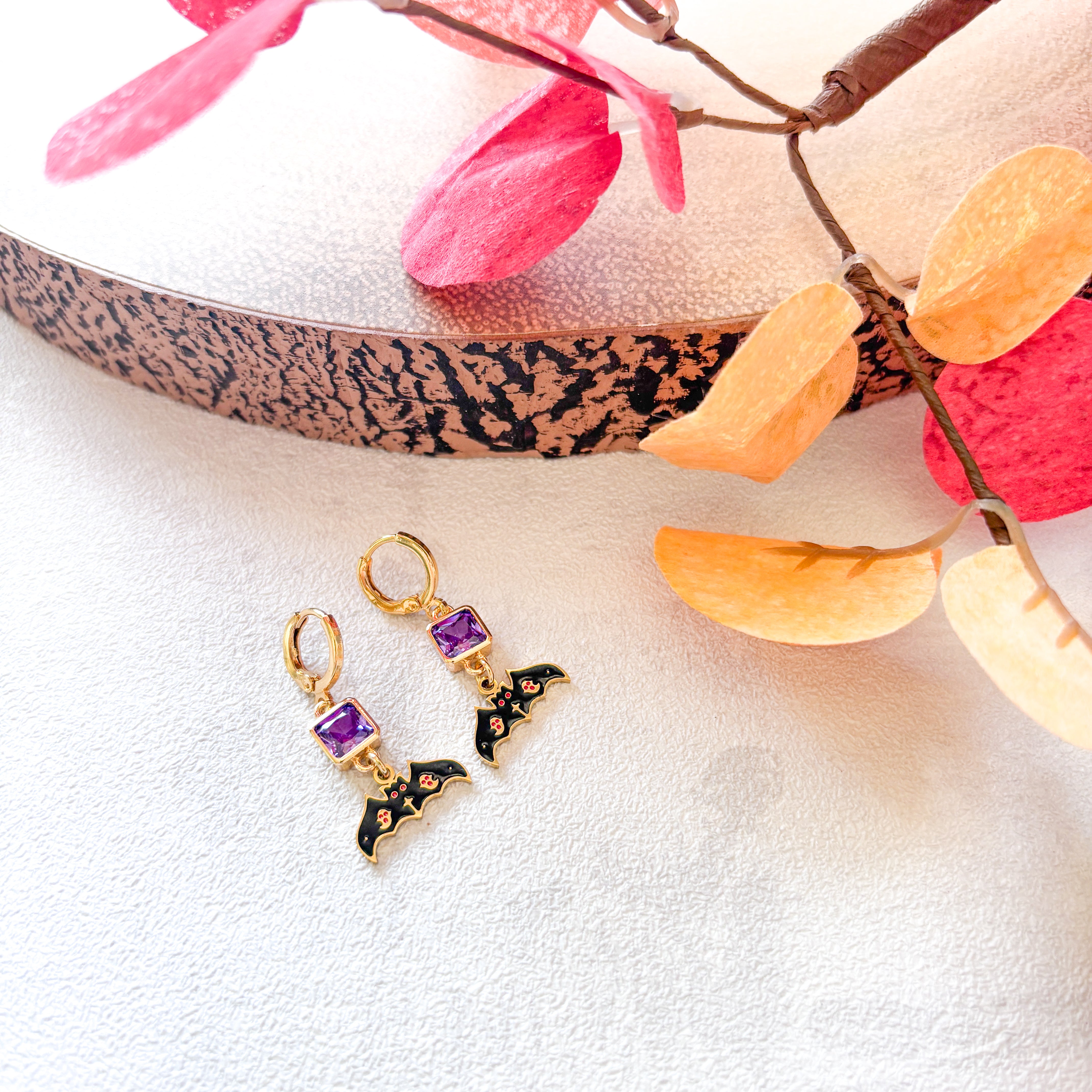 Black Enamel Bat Earrings – Personalised Birthstone Halloween Jewellery