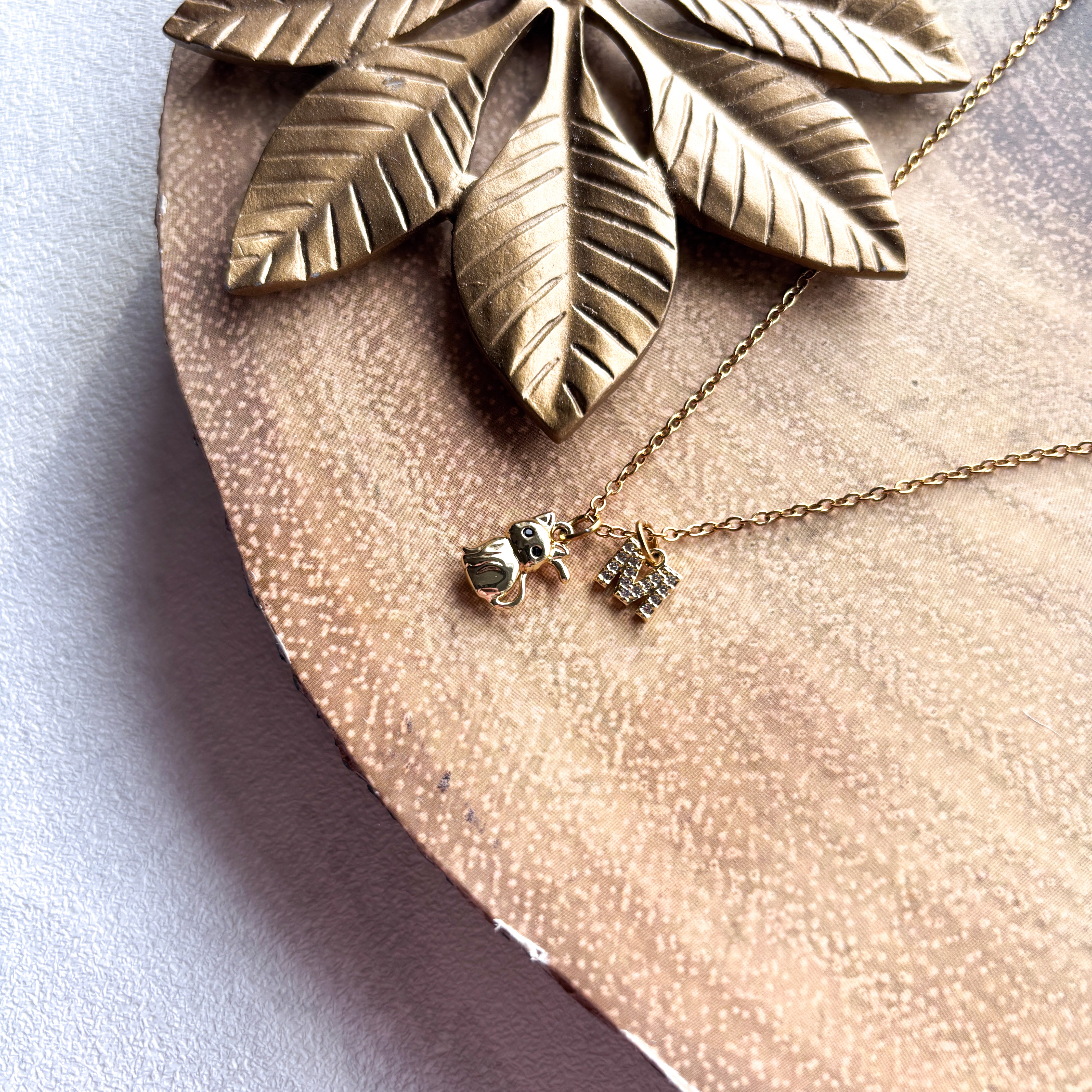 Personalised Cat Necklace – Gold Cat with Black Enamel Eyes