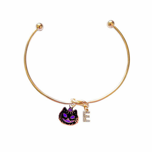 Black Cat Halloween Bangle – Personalised Initial Bracelet