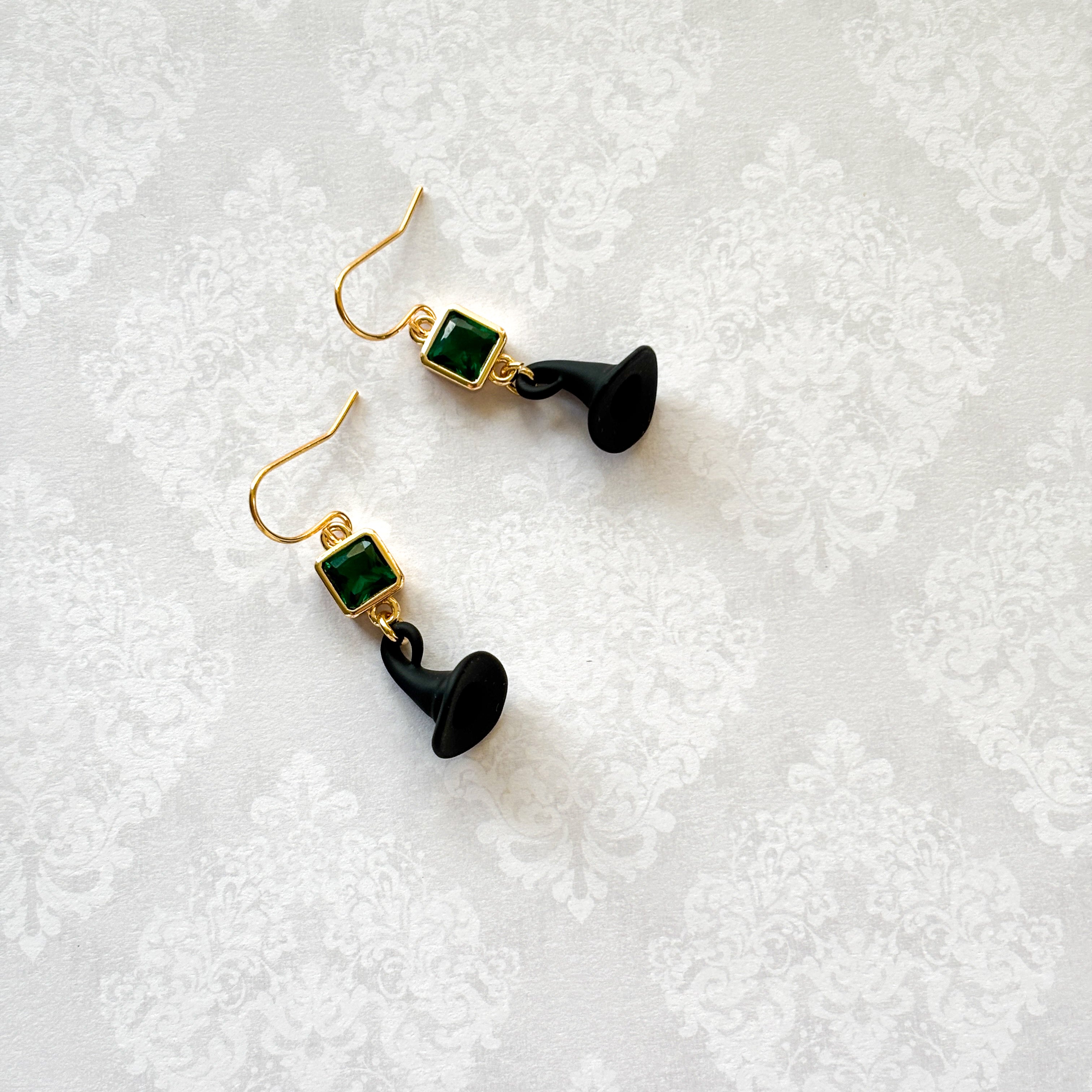 Wicked Witch Hat Dangle Earrings, Green CZ Charm, Witchcore Jewellery