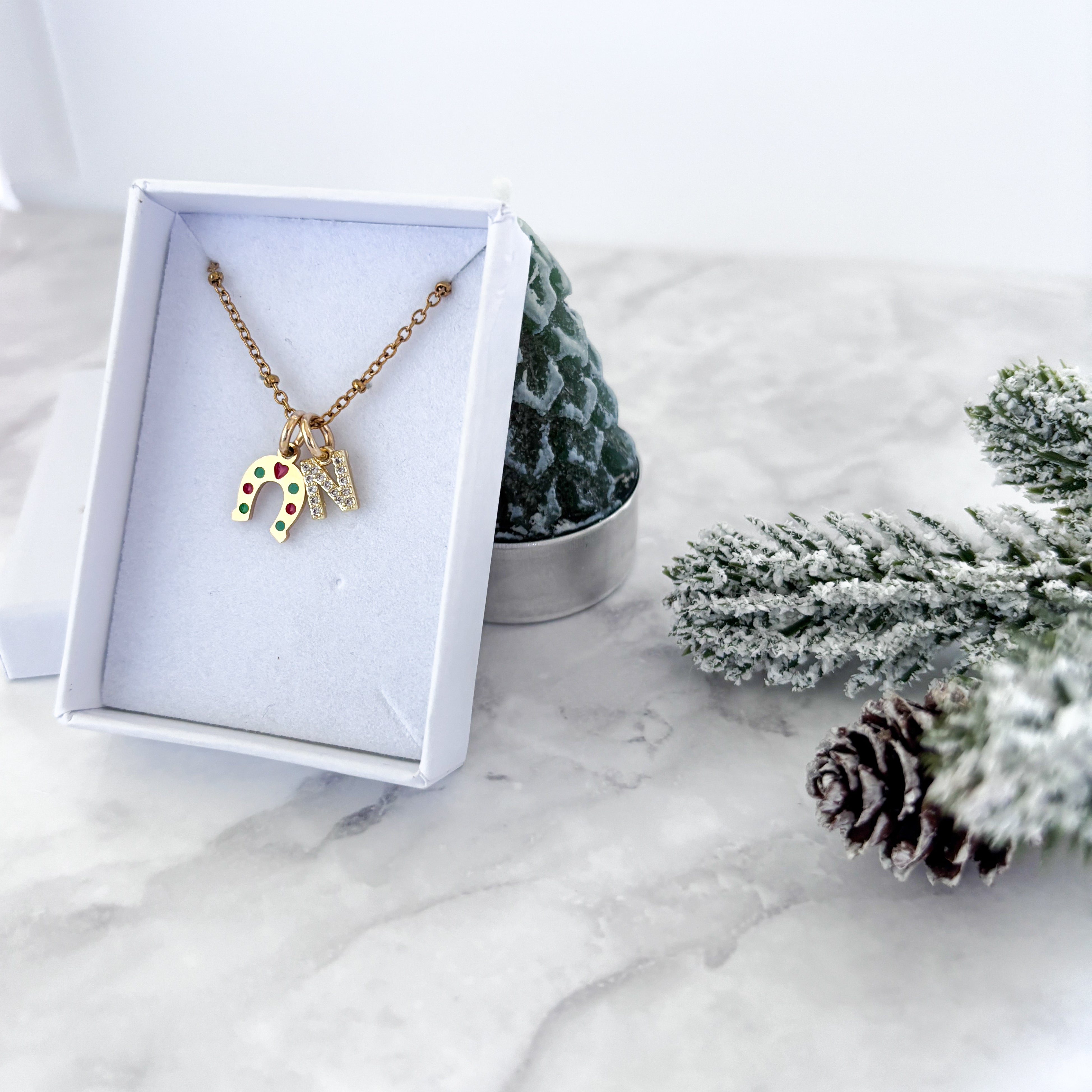 Personalised Christmas Horseshoe Necklace with Initial Charm
