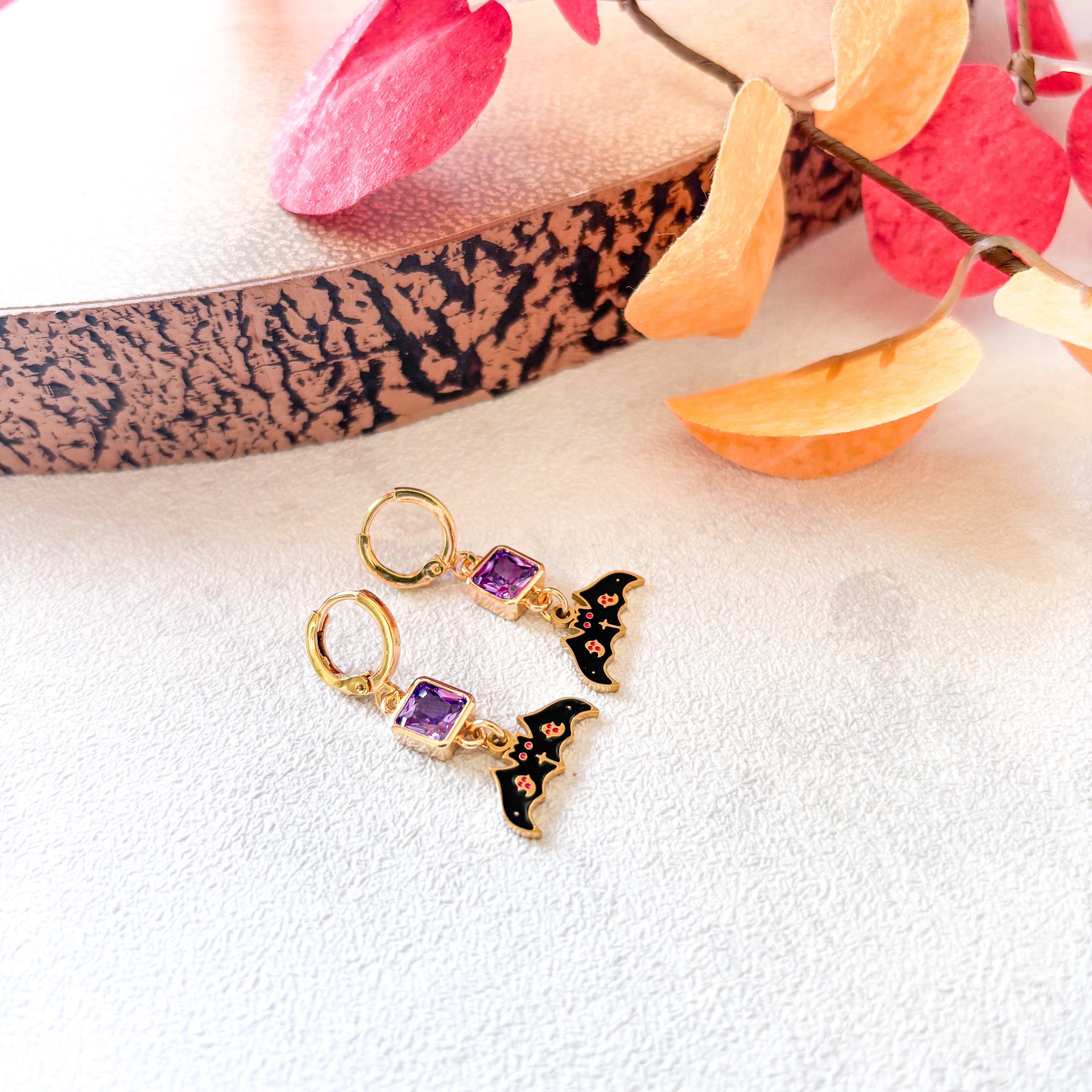 Black Enamel Bat Earrings – Personalised Birthstone Halloween Jewellery