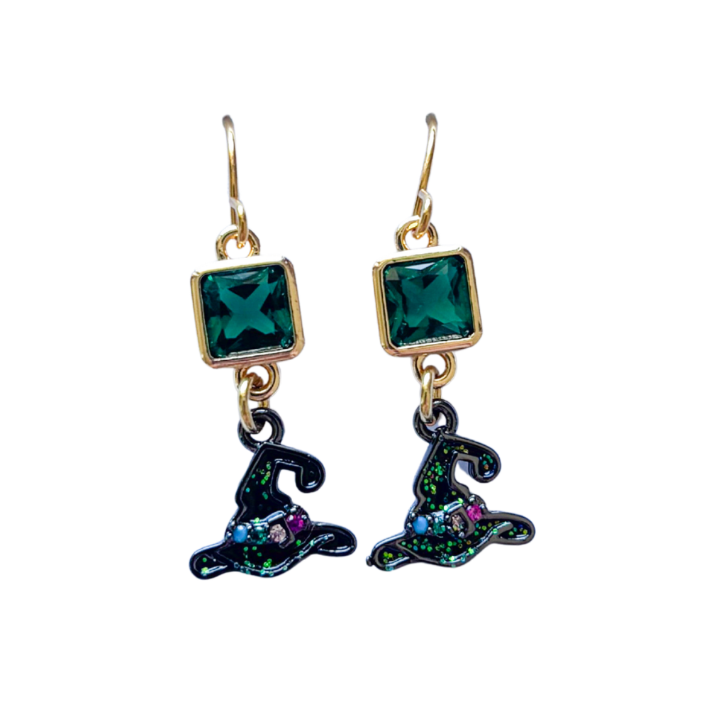 Black Glitter Witch Hat Earrings – Personalised Birthstone Halloween Jewellery