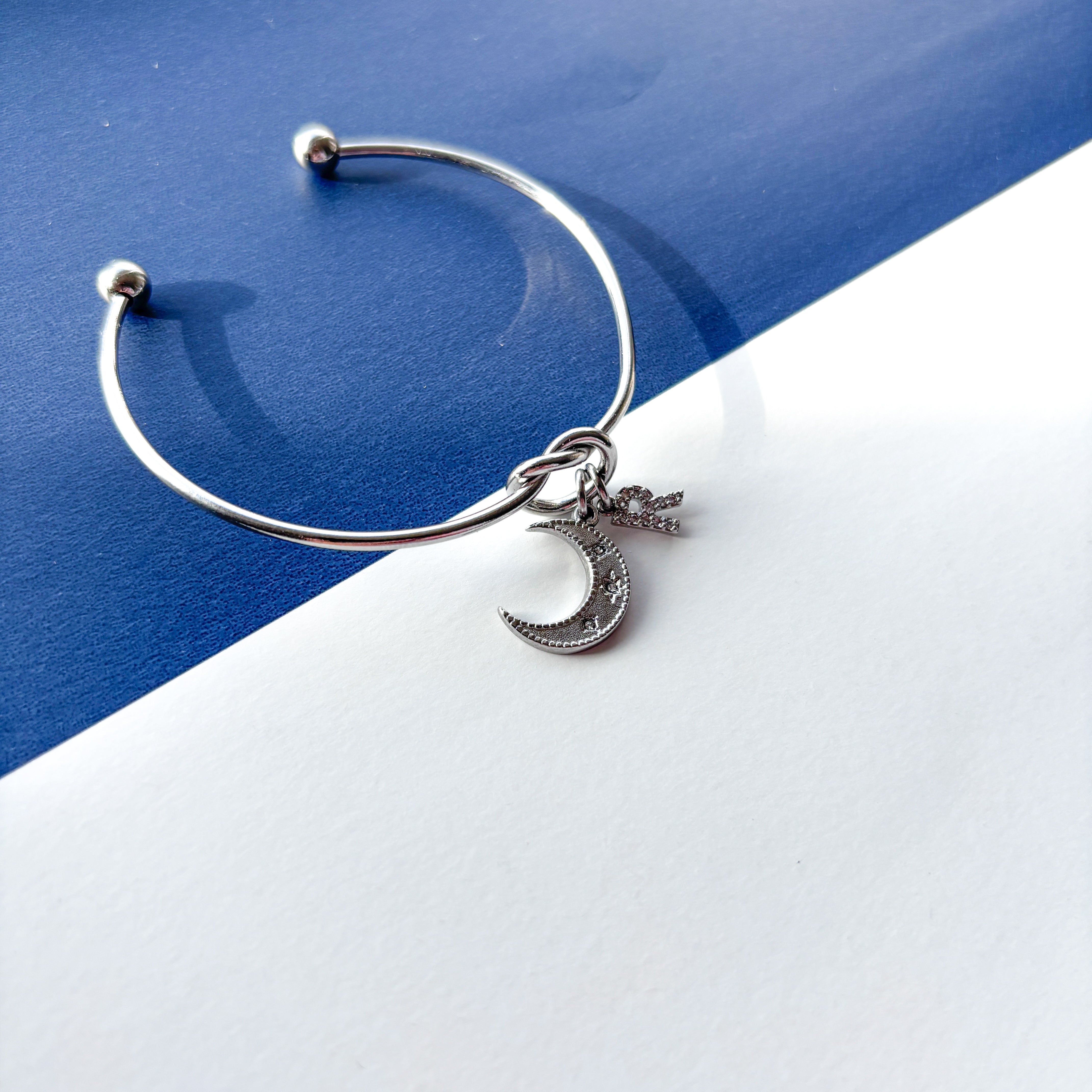 Personalised Half Moon Bangle – Initial Charm Celestial Bracelet