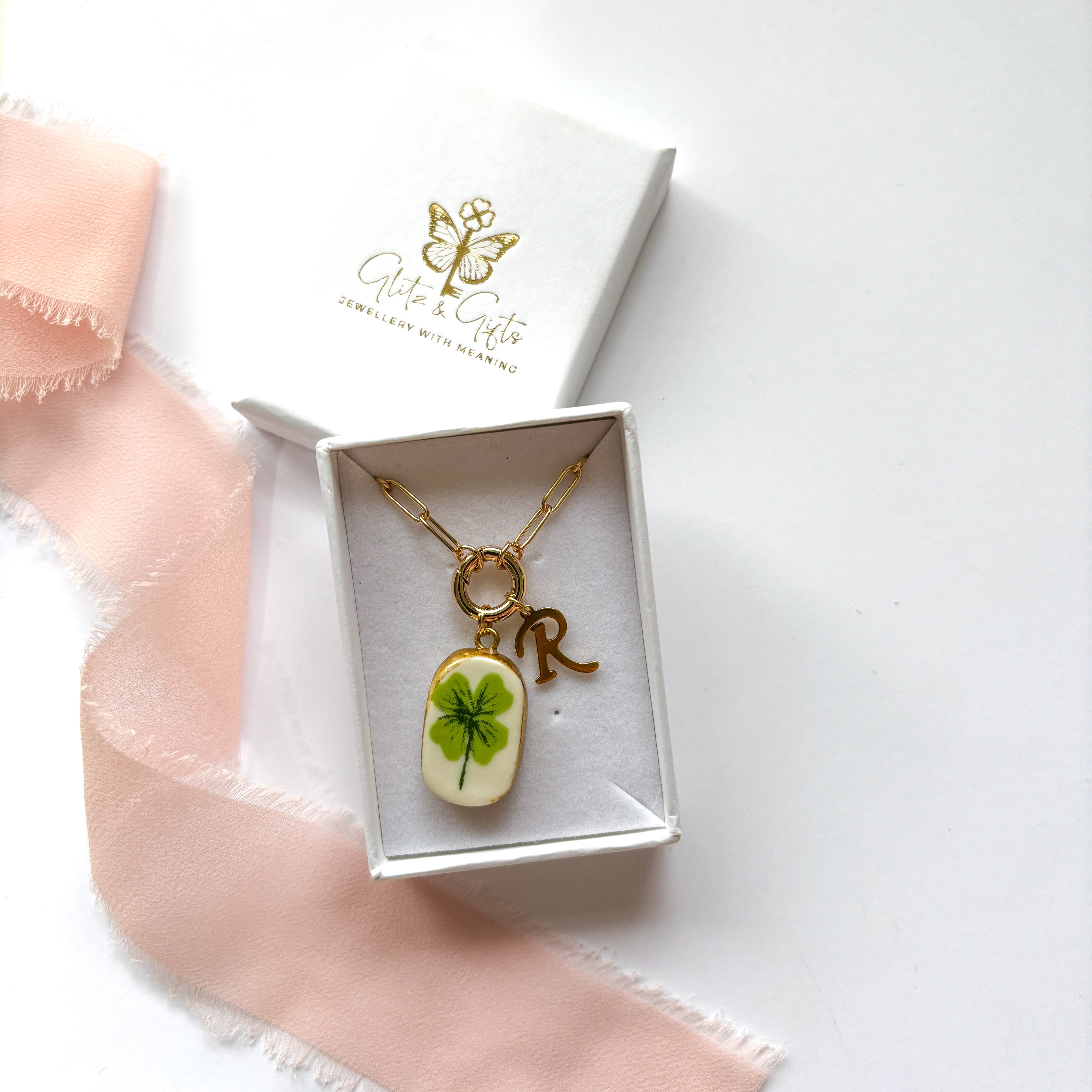 Ceramic Four Leaf Clover Personalised Necklace
