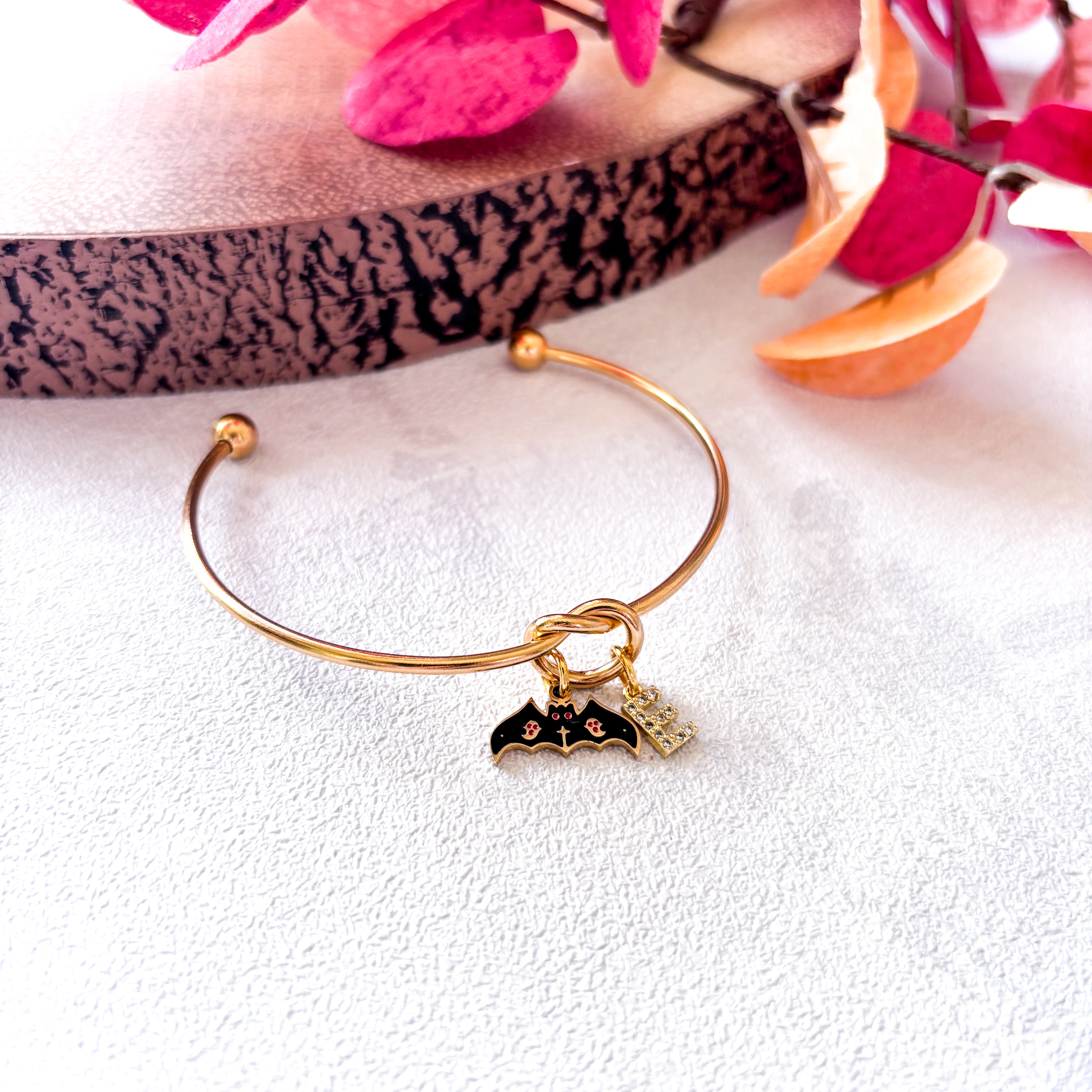 Black Enamel Bat Bangle – Personalised Halloween Bracelet
