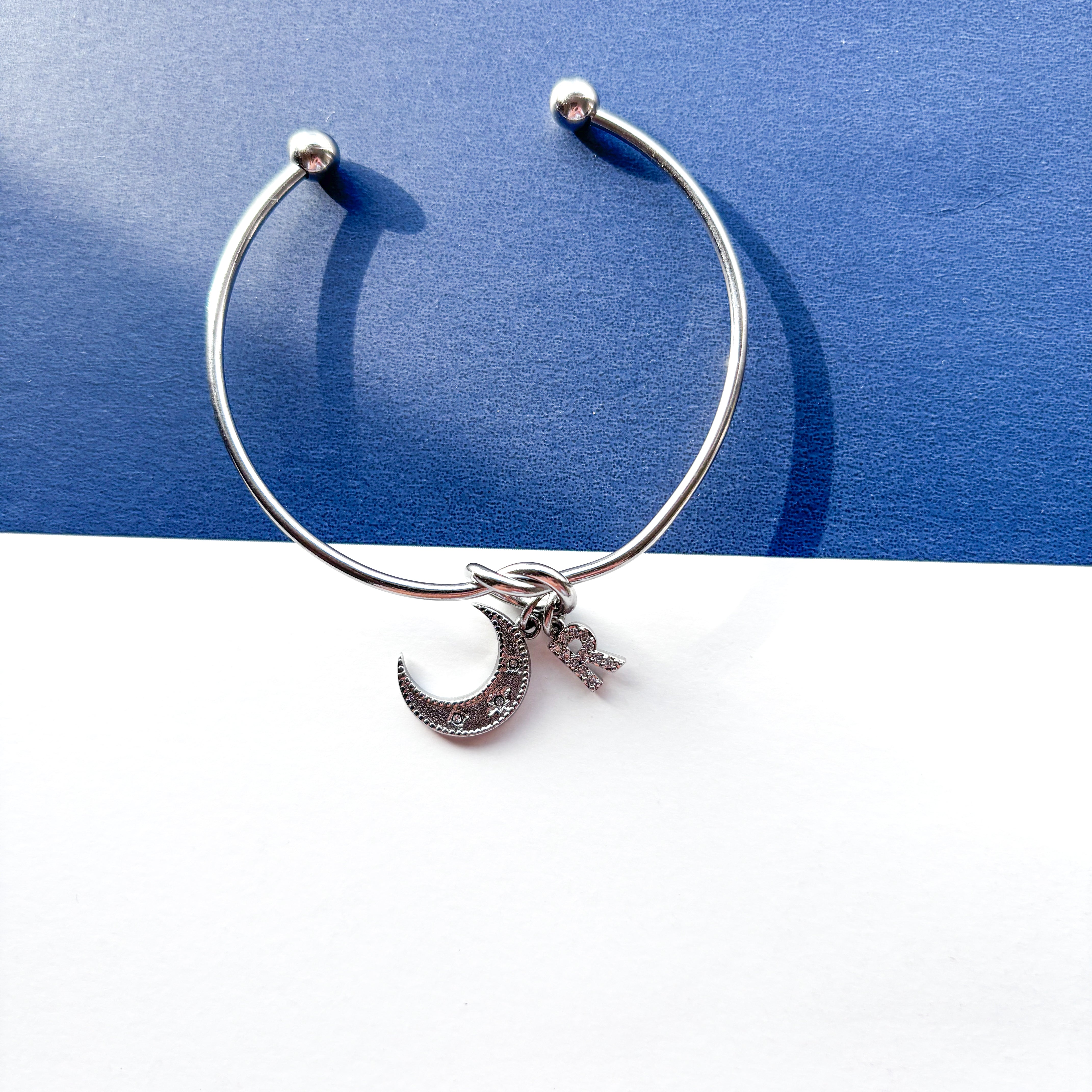 Personalised Half Moon Bangle – Initial Charm Celestial Bracelet