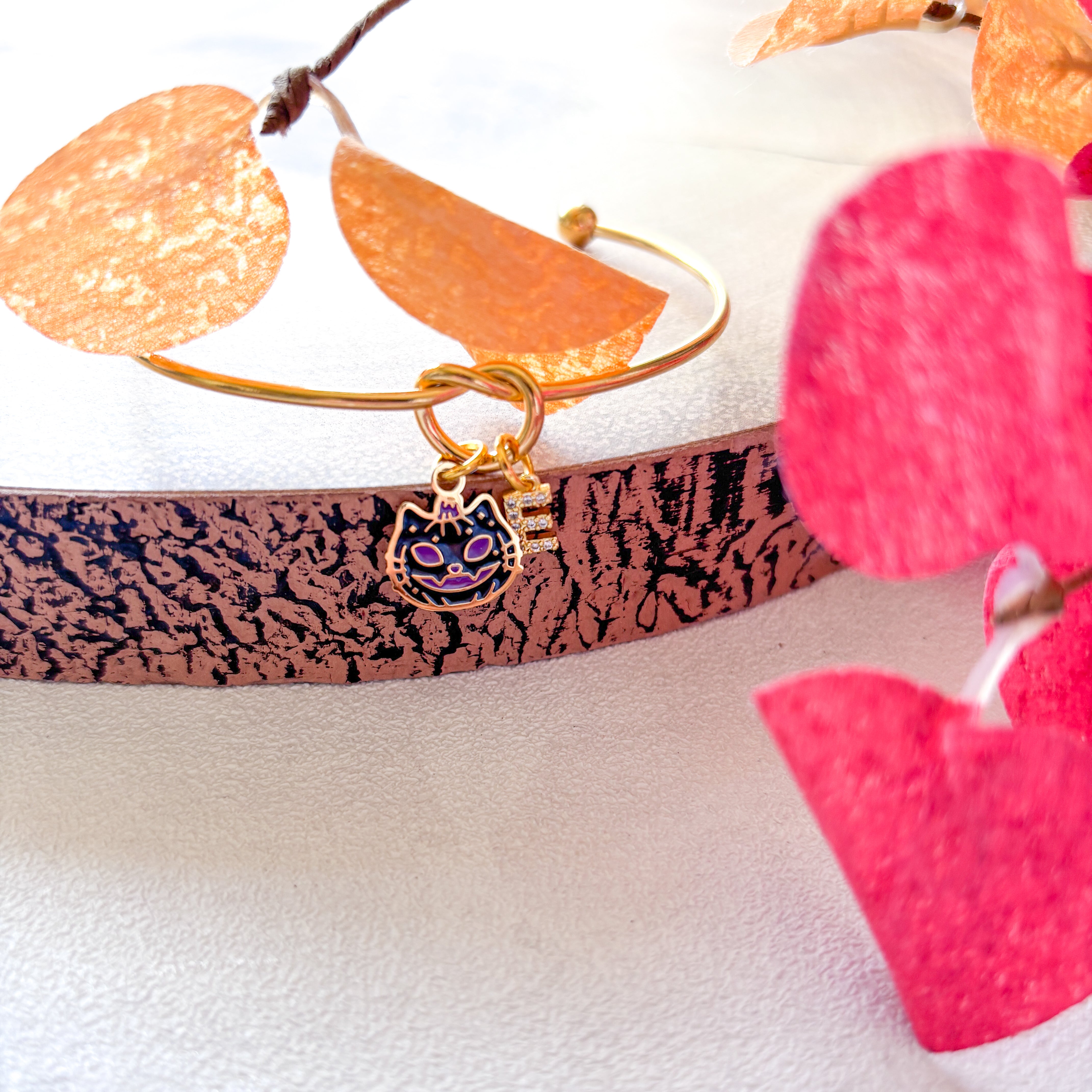 Black Cat Halloween Bangle – Personalised Initial Bracelet