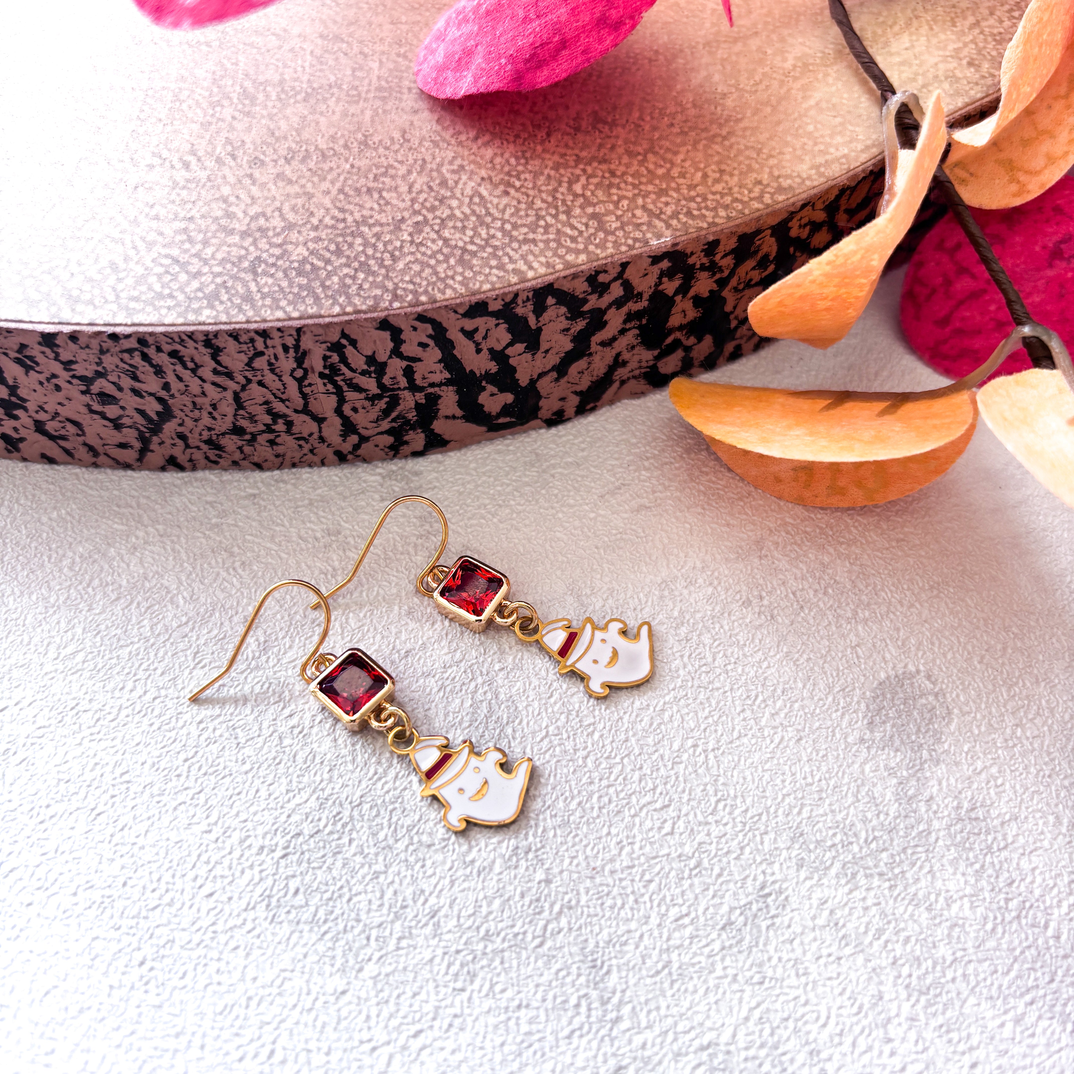 White Enamel Ghost Earrings with Witch Hat – Halloween Jewellery