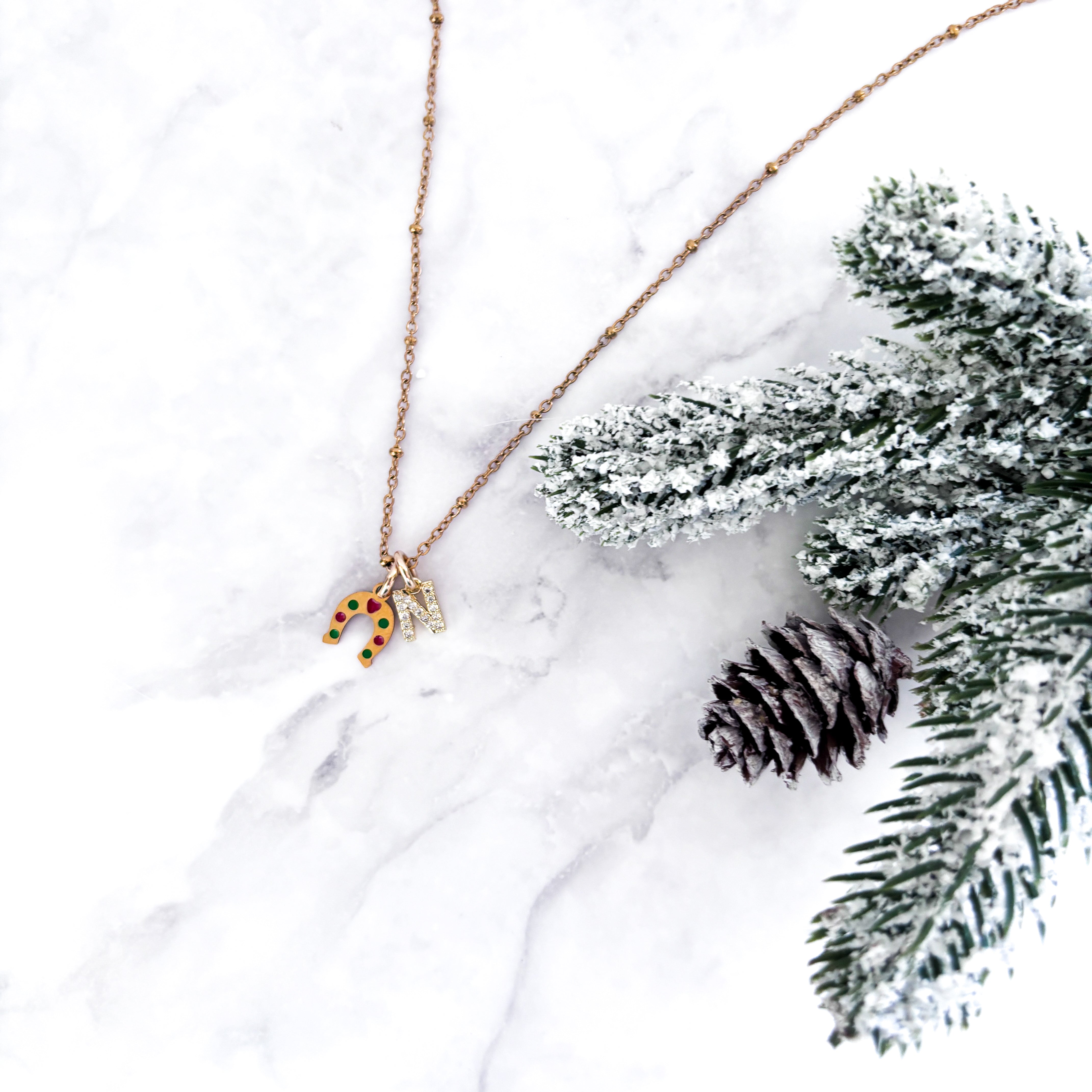 Personalised Christmas Horseshoe Necklace with Initial Charm