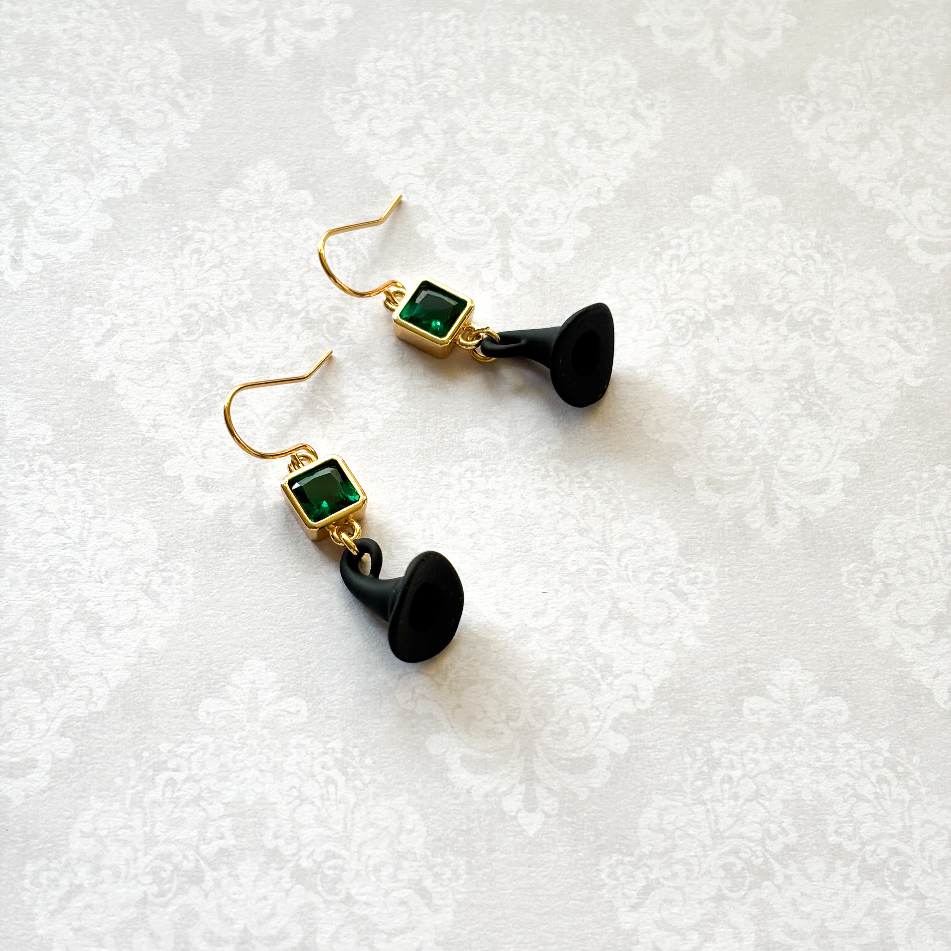 Wicked Witch Hat Dangle Earrings, Green CZ Charm, Witchcore Jewellery