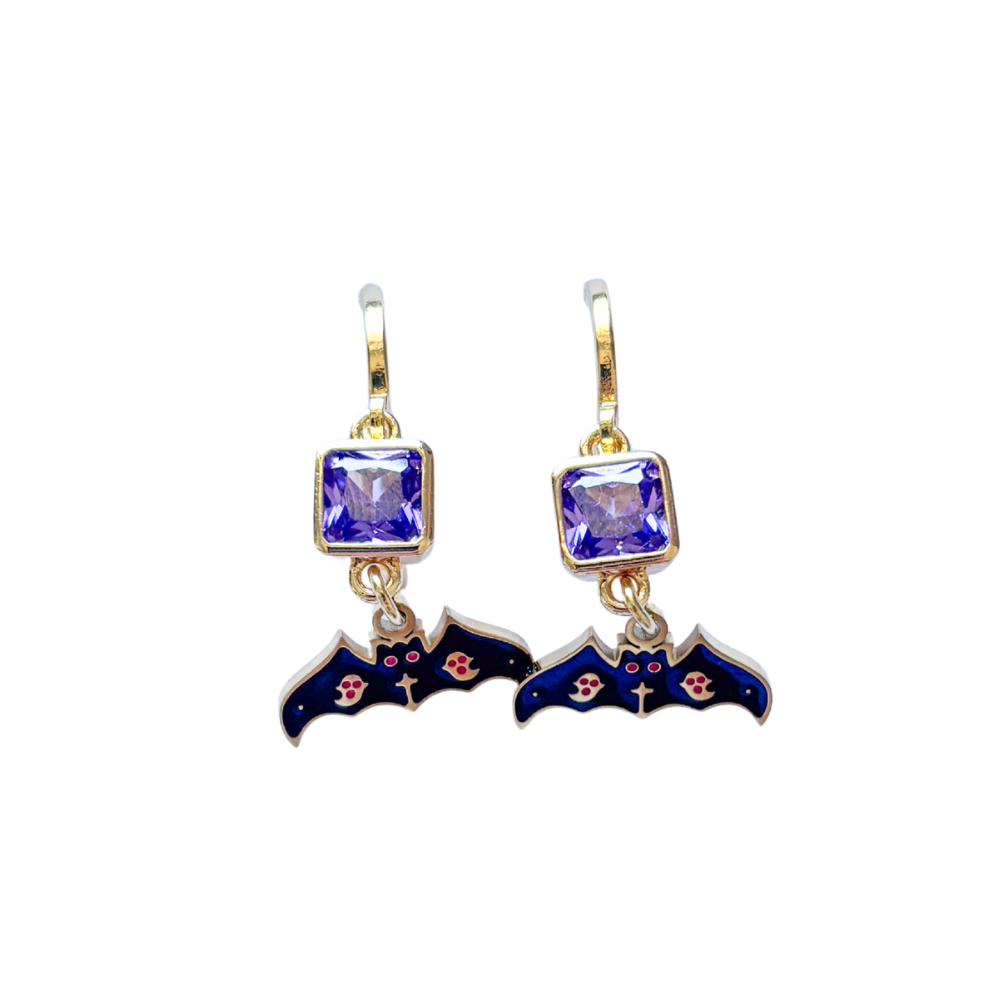 Black Enamel Bat Earrings – Personalised Birthstone Halloween Jewellery