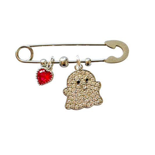Ghost Brooch with Birthstone Charm, Personalised Halloween Pin, Spooky Gift for Her, Cute Ghost Badge, October Jewellery