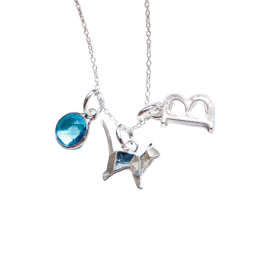 Personalised Origami Cat Necklace Birthstone and Initial