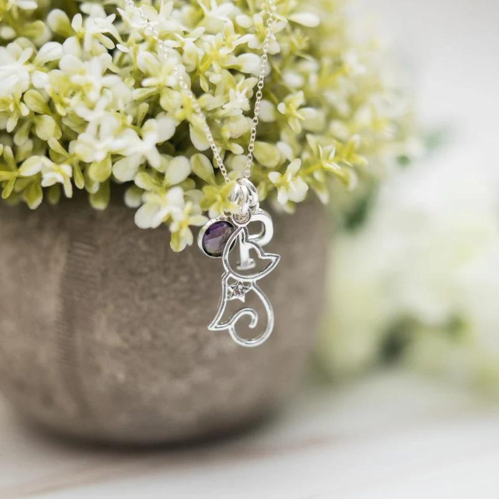 Personalised Cat Necklace Birthstone and Initial