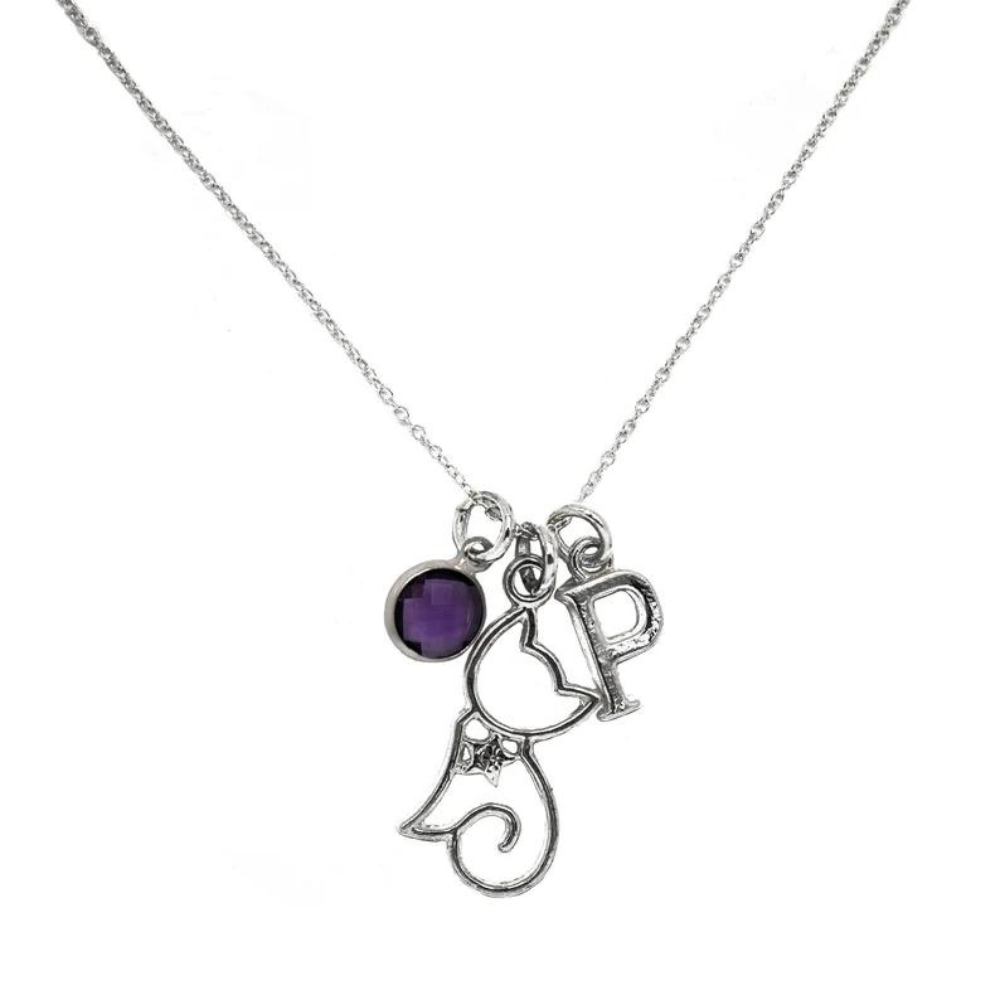 Personalised Cat Necklace Birthstone and Initial