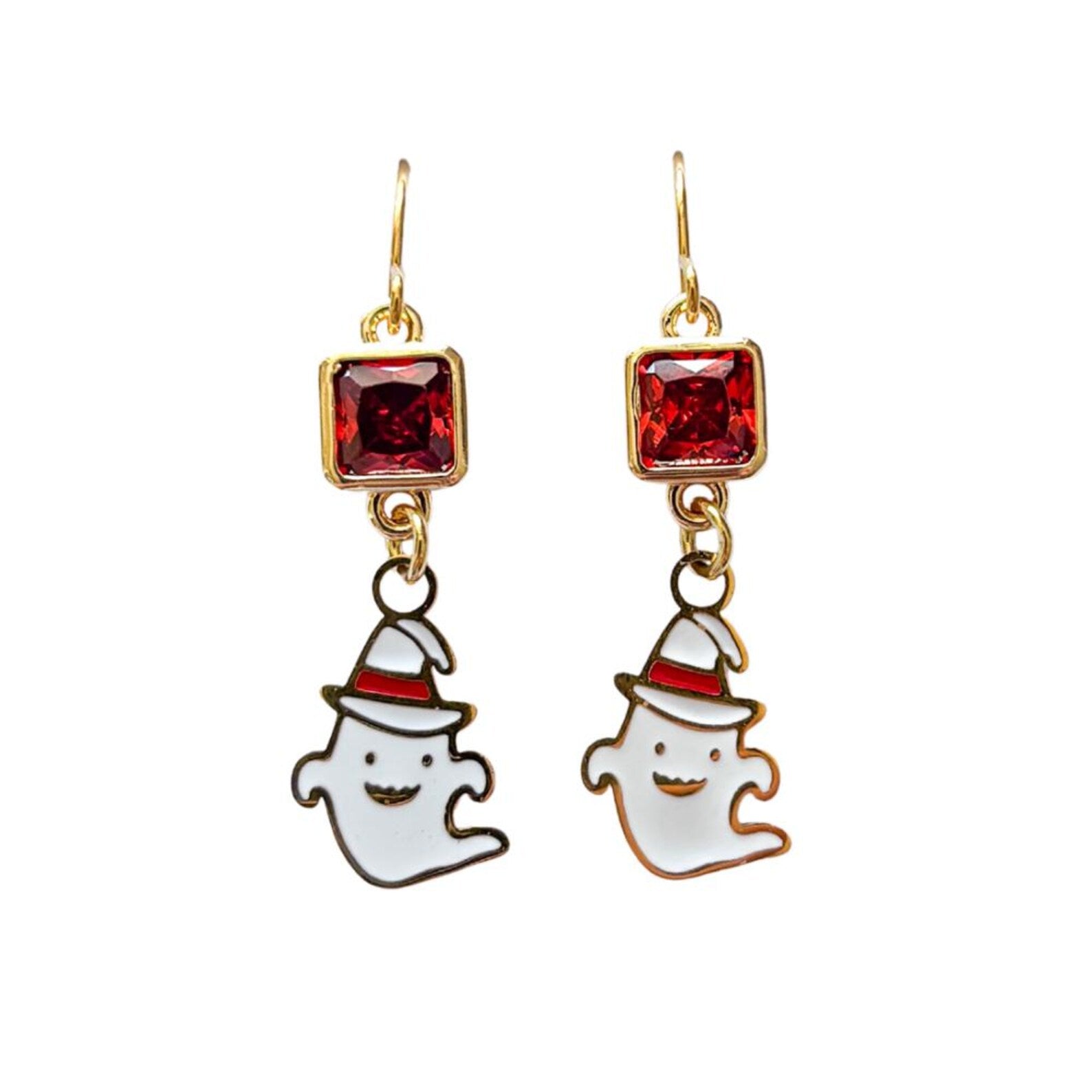 White Enamel Ghost Earrings with Witch Hat – Halloween Jewellery