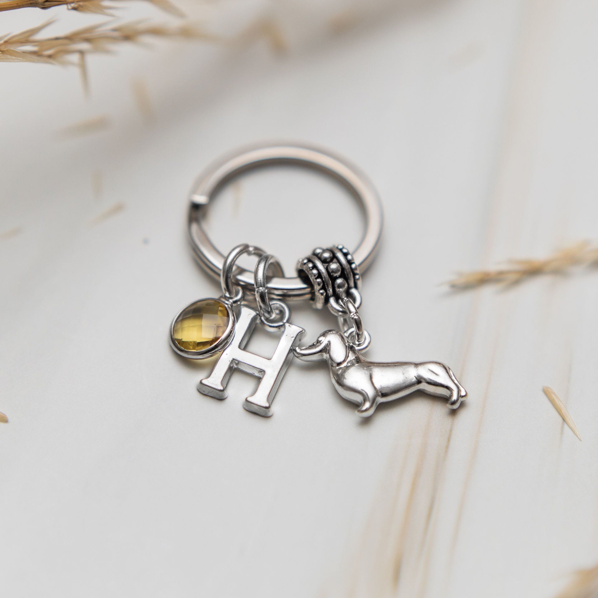 Dachshund keyring, sausage dog keychain, personalised gifts, birthstone initial, new puppy owner, pet loss memorial, dog walker thank you