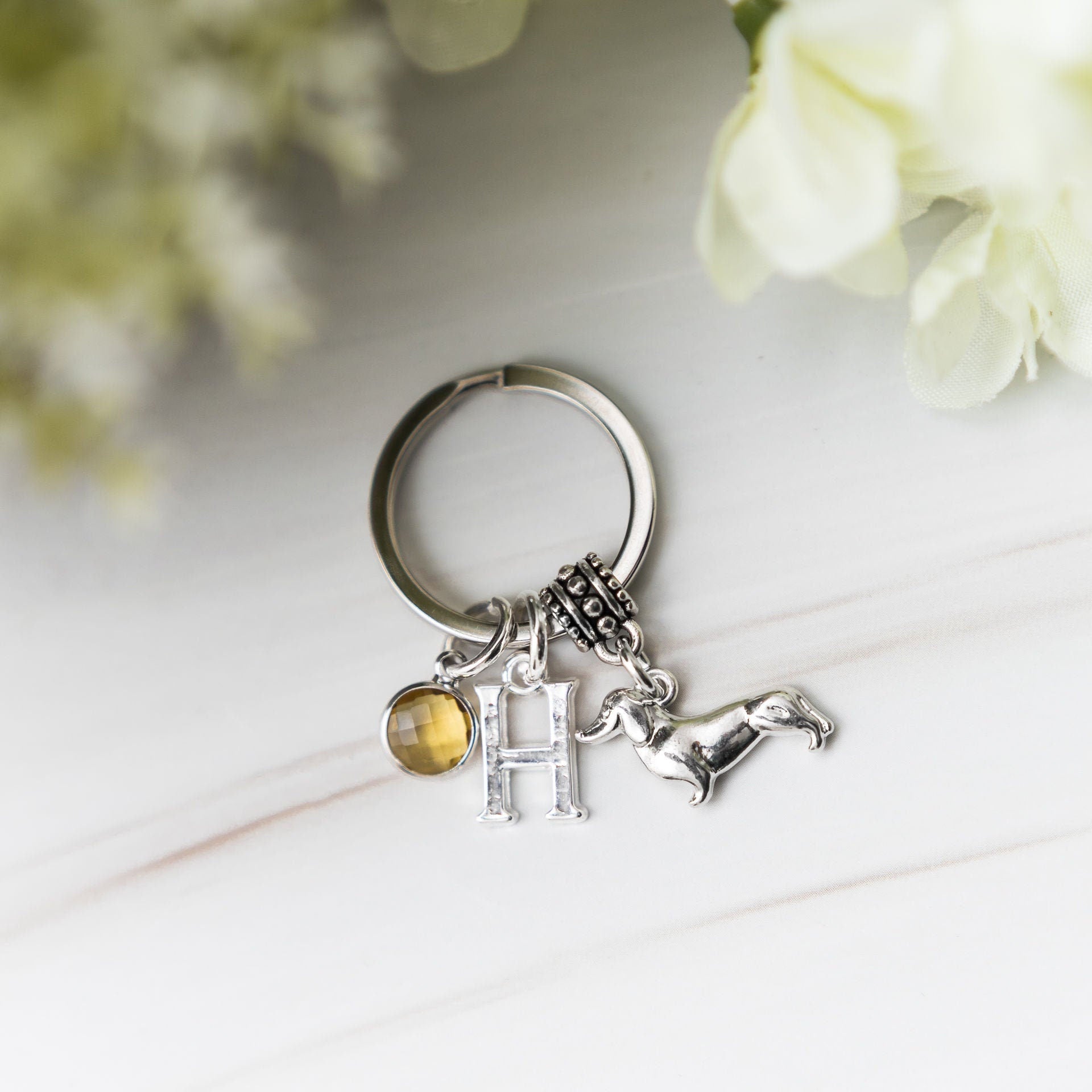 Dachshund keyring, sausage dog keychain, personalised gifts, birthstone initial, new puppy owner, pet loss memorial, dog walker thank you