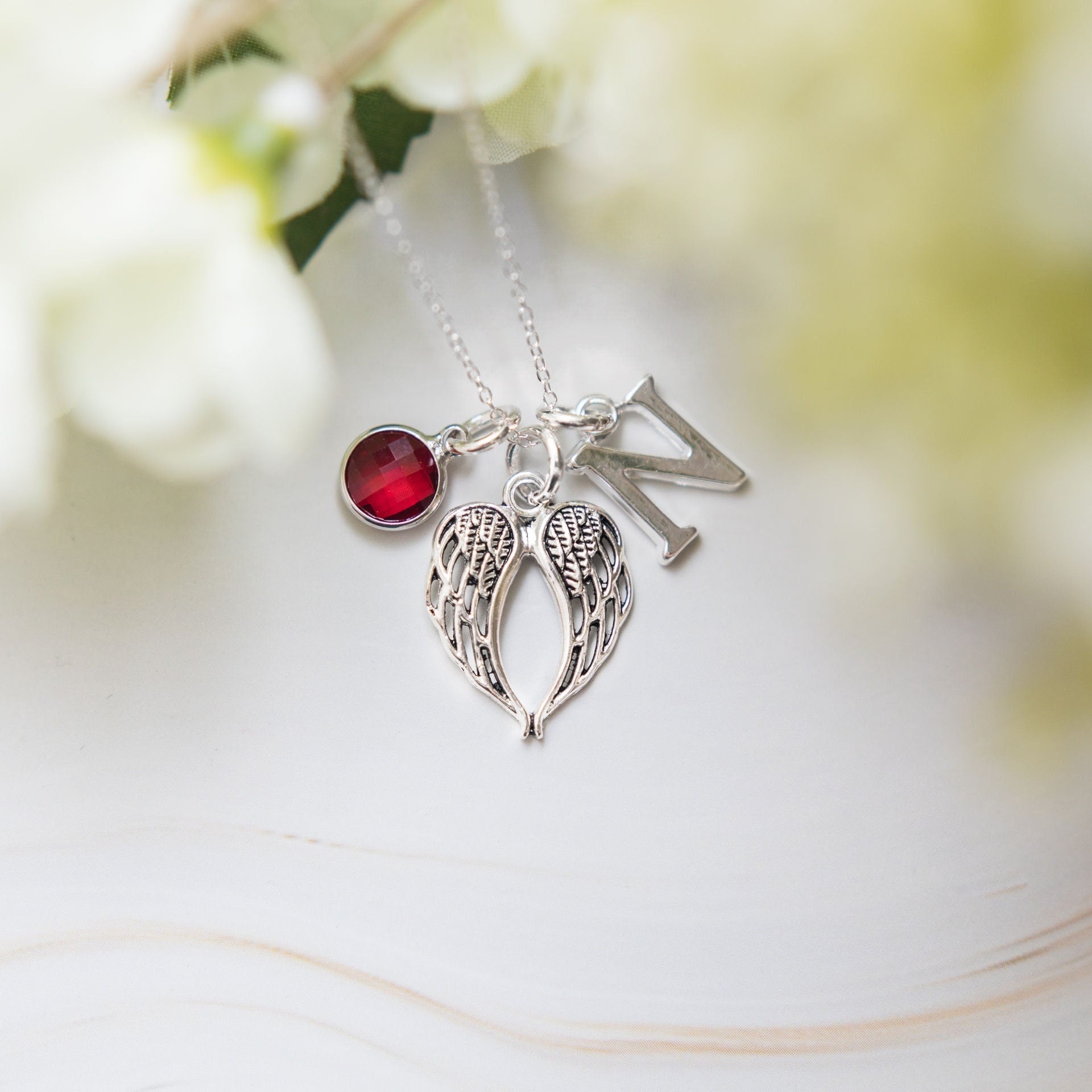 Angel wing necklace, personalised gifts, women's jewellery, guardian angels accessory, birthstone initial letter, remembrance memorial