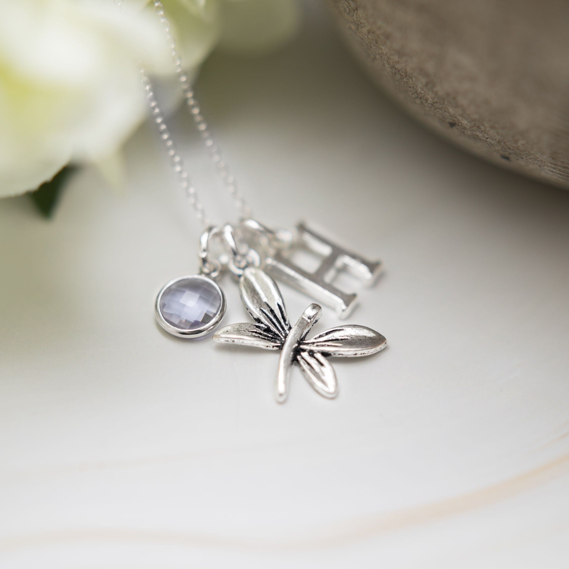 Dragonfly charm necklace, personalised gifts, birthstone letter initial, insect jewellery, symbolic transformation, new life beginnings