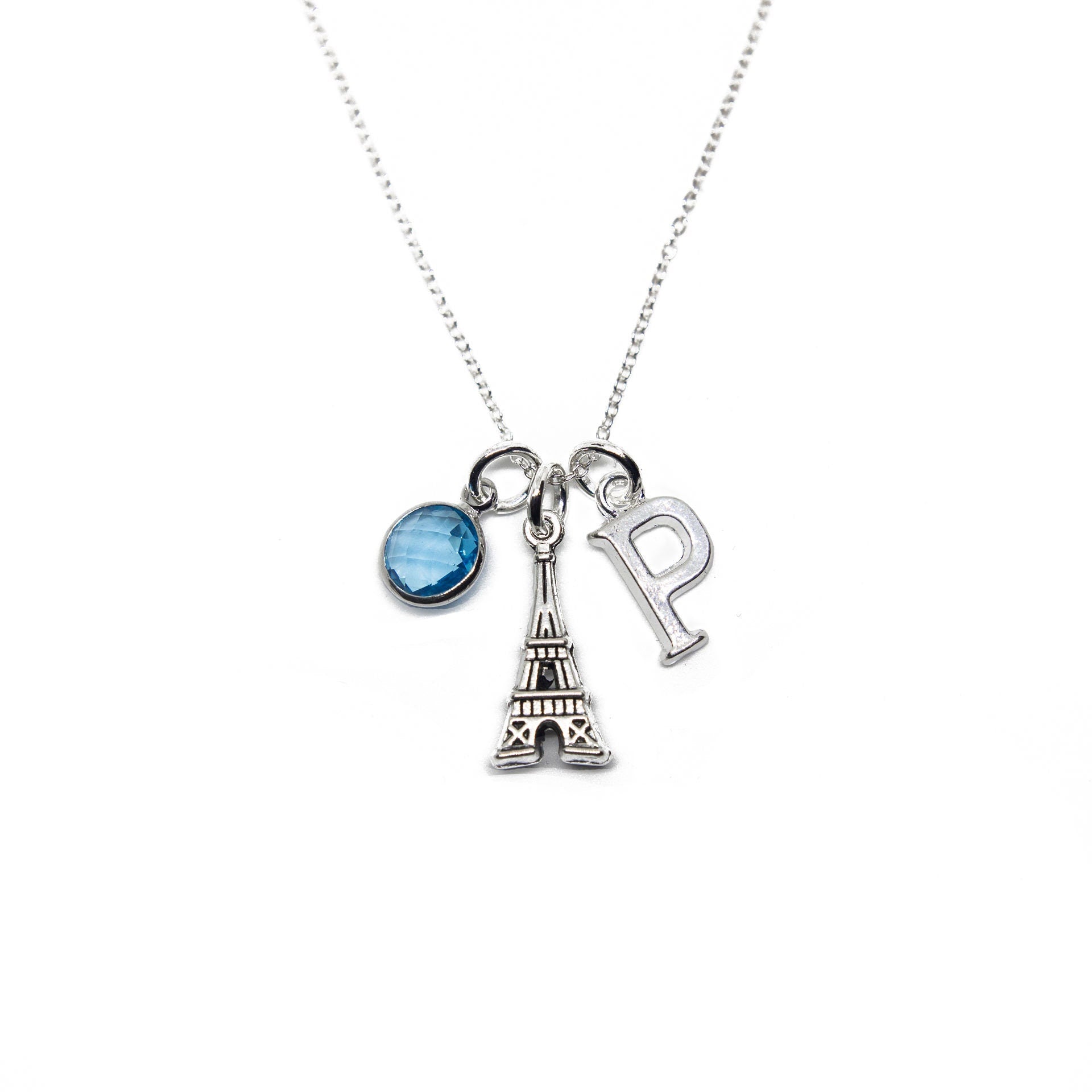 Paris necklace, Eiffel tower jewellery, initial birthstone letter, personalised gifts, French themed gifts, surprise trip reveal France