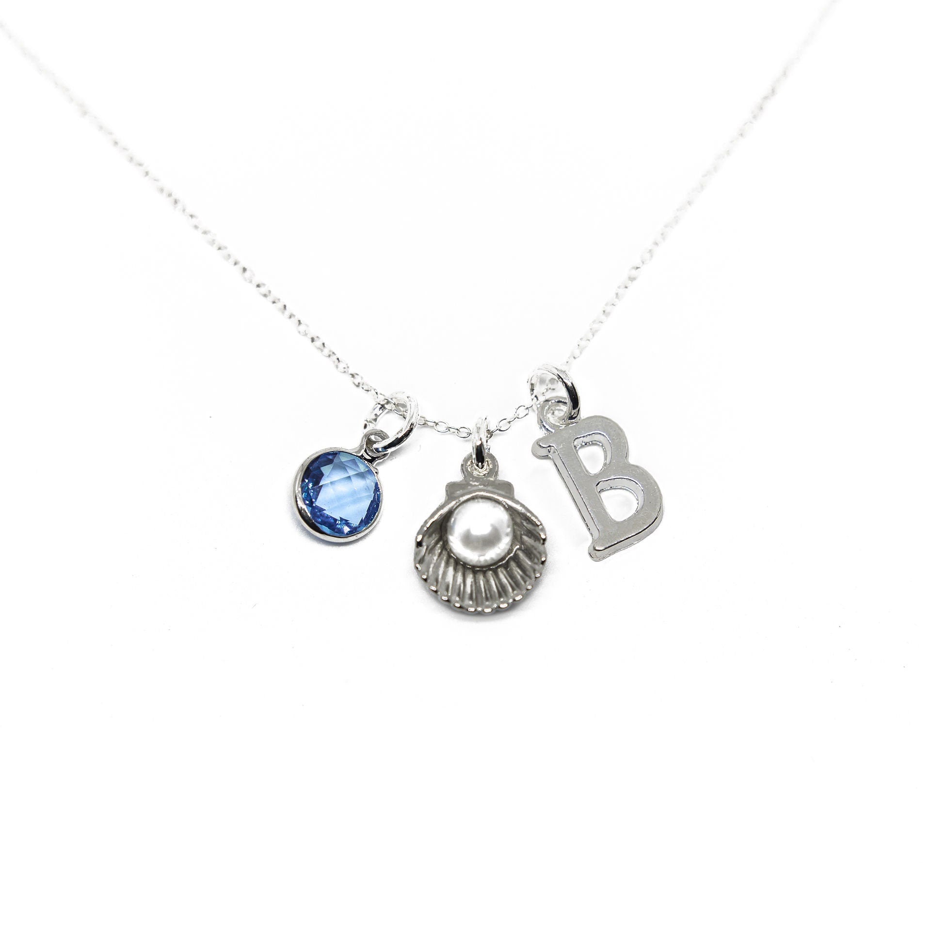 Shell necklace, personalised gifts, seashell jewellery, pearl wedding anniversary, birthstone and initial letter, beach ocean holiday