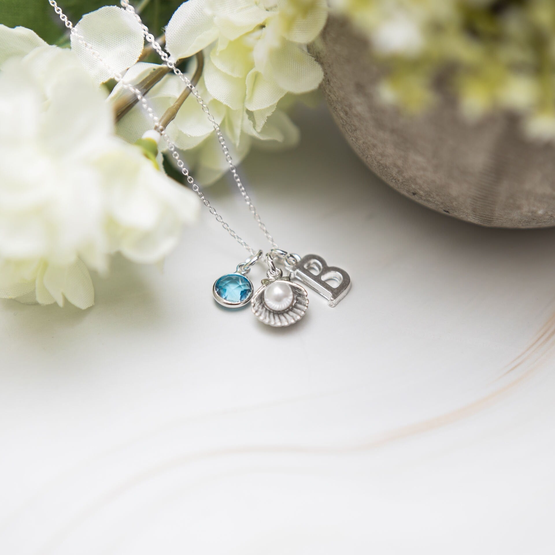 Shell necklace, personalised gifts, seashell jewellery, pearl wedding anniversary, birthstone and initial letter, beach ocean holiday