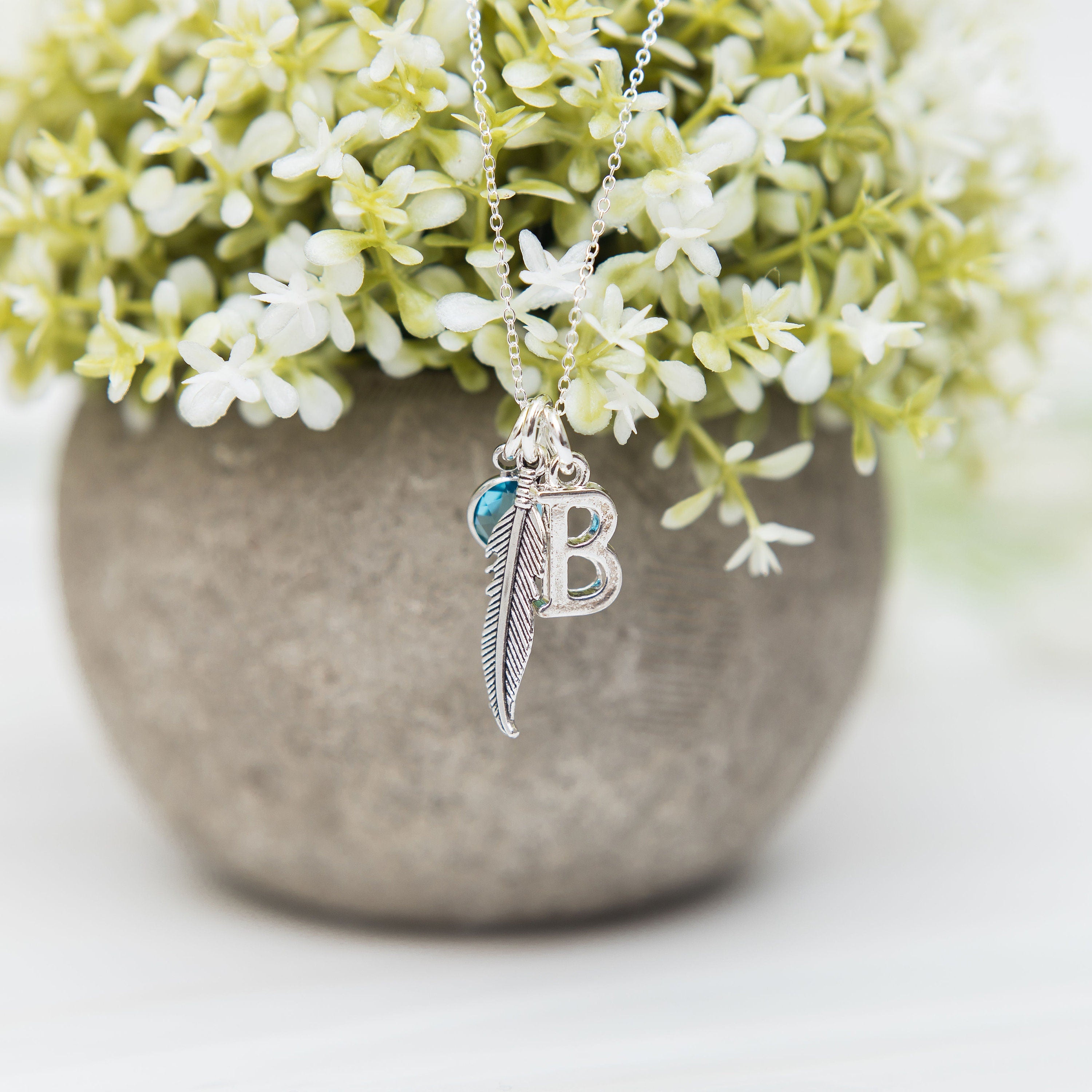 Feather necklace, initial and birthstone, personalised gifts, remembrance gift, feather pendant, bird jewellery,