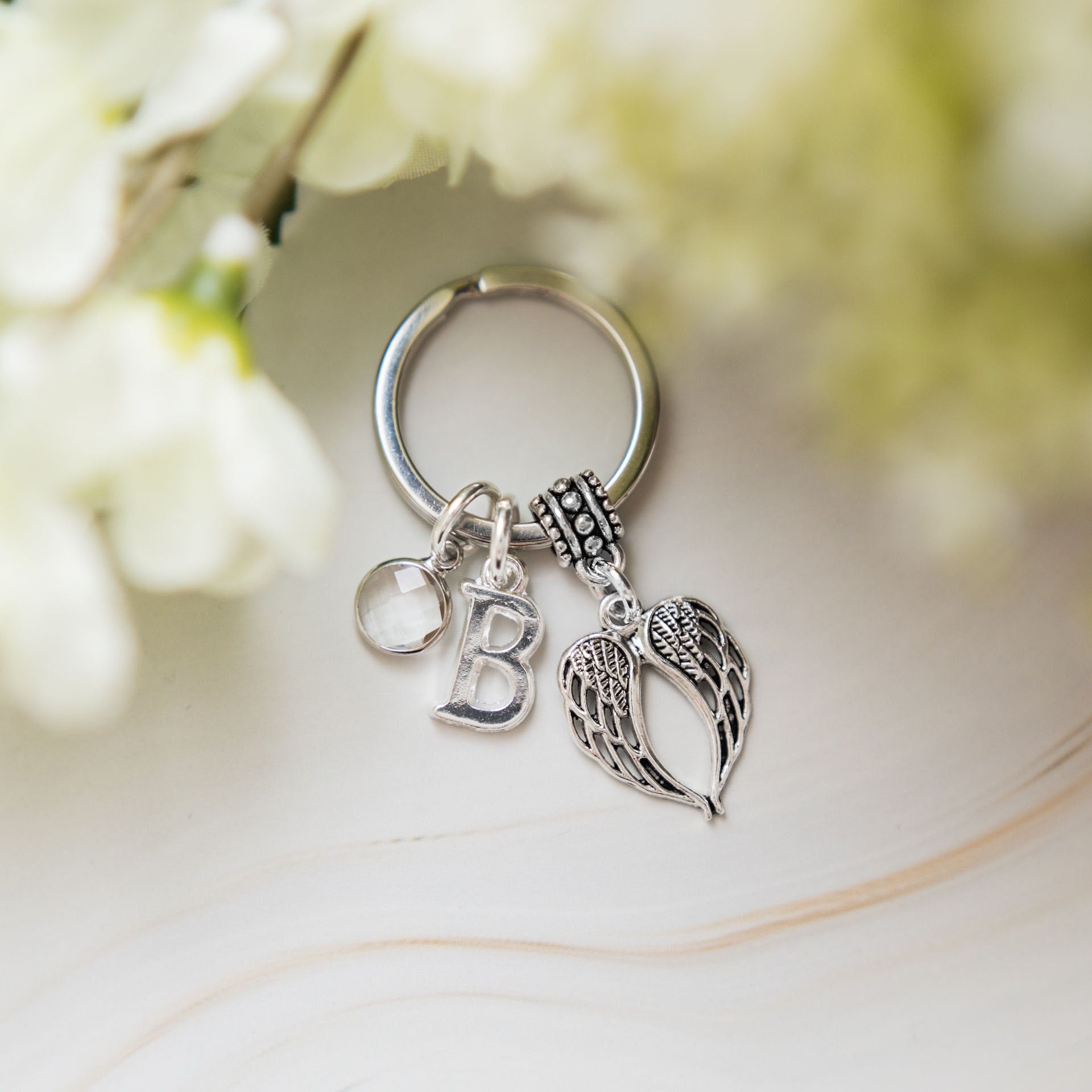 Angel wing keychain, guardian angel keyring, personalised gifts, letter birthstone, remembrance