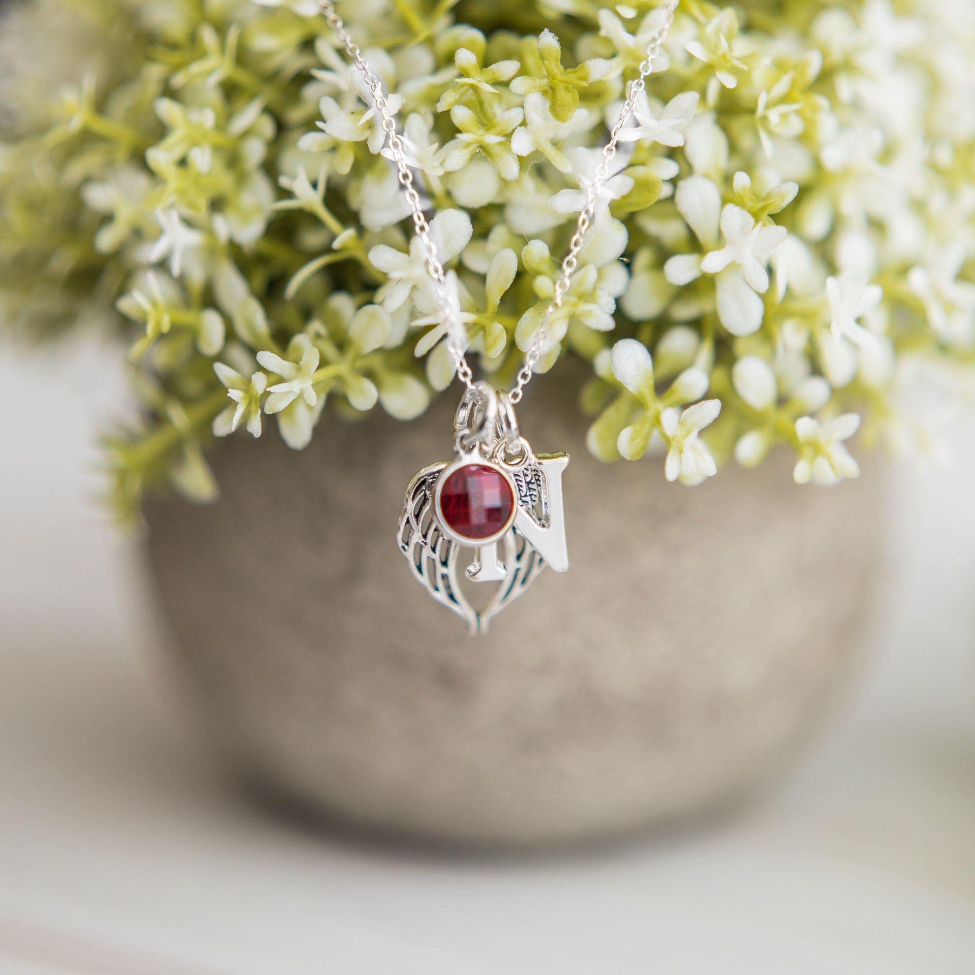 Angel wing necklace, personalised gifts, women's jewellery, guardian angels accessory, birthstone initial letter, remembrance memorial