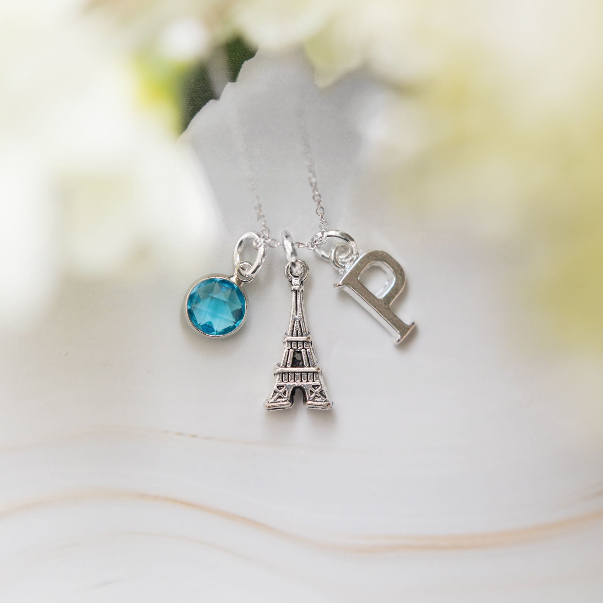 Paris necklace, Eiffel tower jewellery, initial birthstone letter, personalised gifts, French themed gifts, surprise trip reveal France