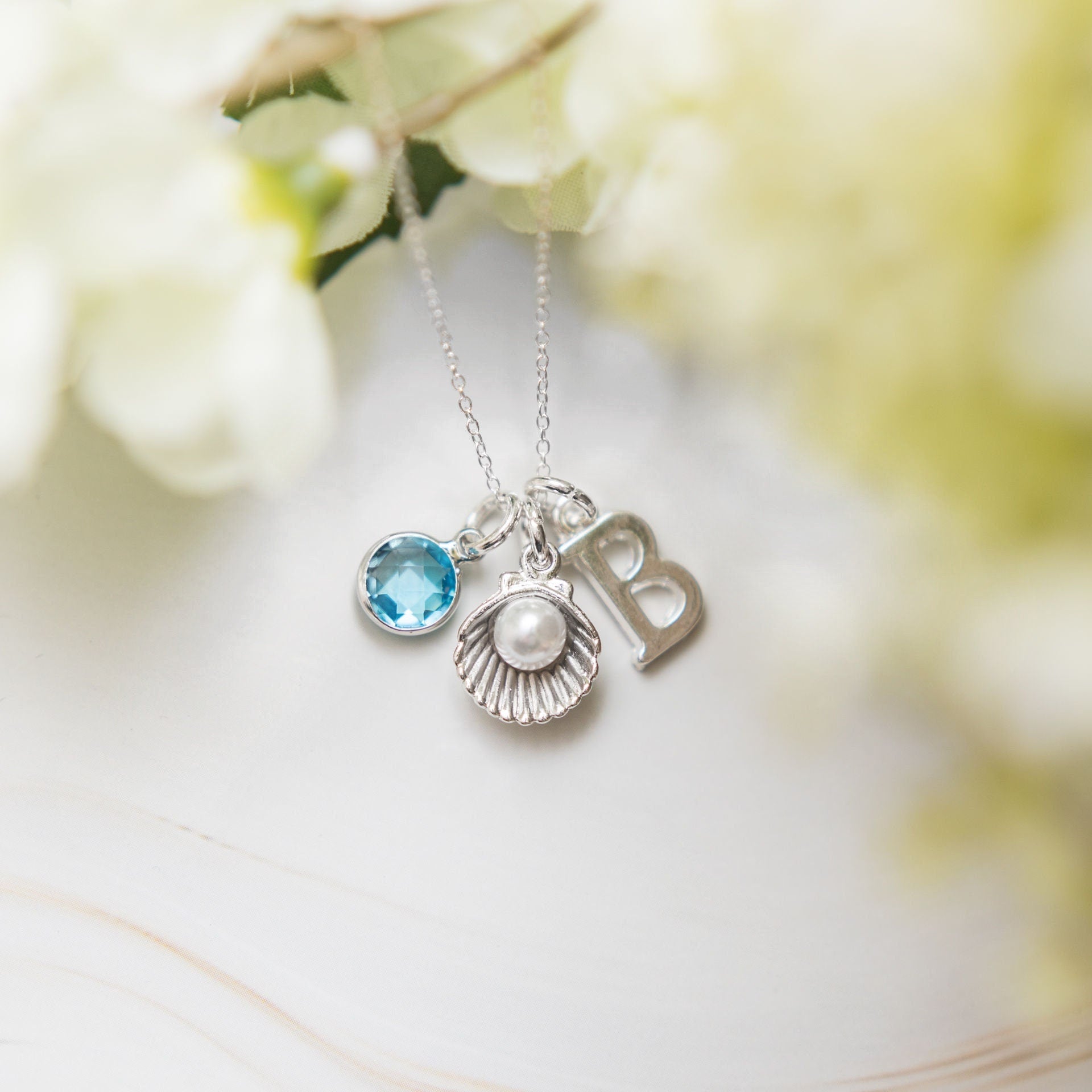 Shell necklace, personalised gifts, seashell jewellery, pearl wedding anniversary, birthstone and initial letter, beach ocean holiday