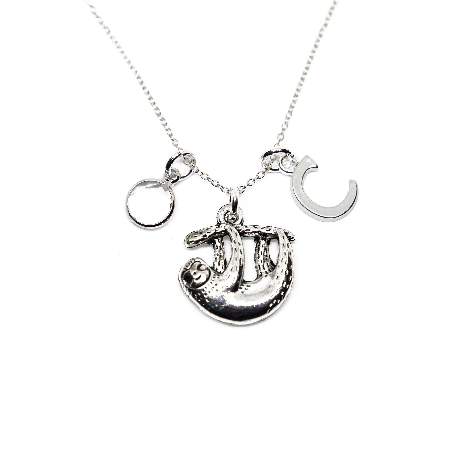 Sloth necklace, personalised gifts, sloth gifts, birthstone and initial jewellery, hanging sloth pendant, cute animal gift