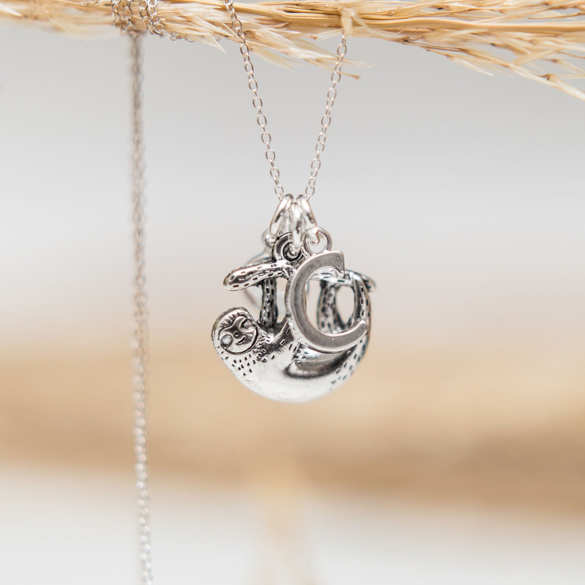 Sloth necklace, personalised gifts, sloth gifts, birthstone and initial jewellery, hanging sloth pendant, cute animal gift