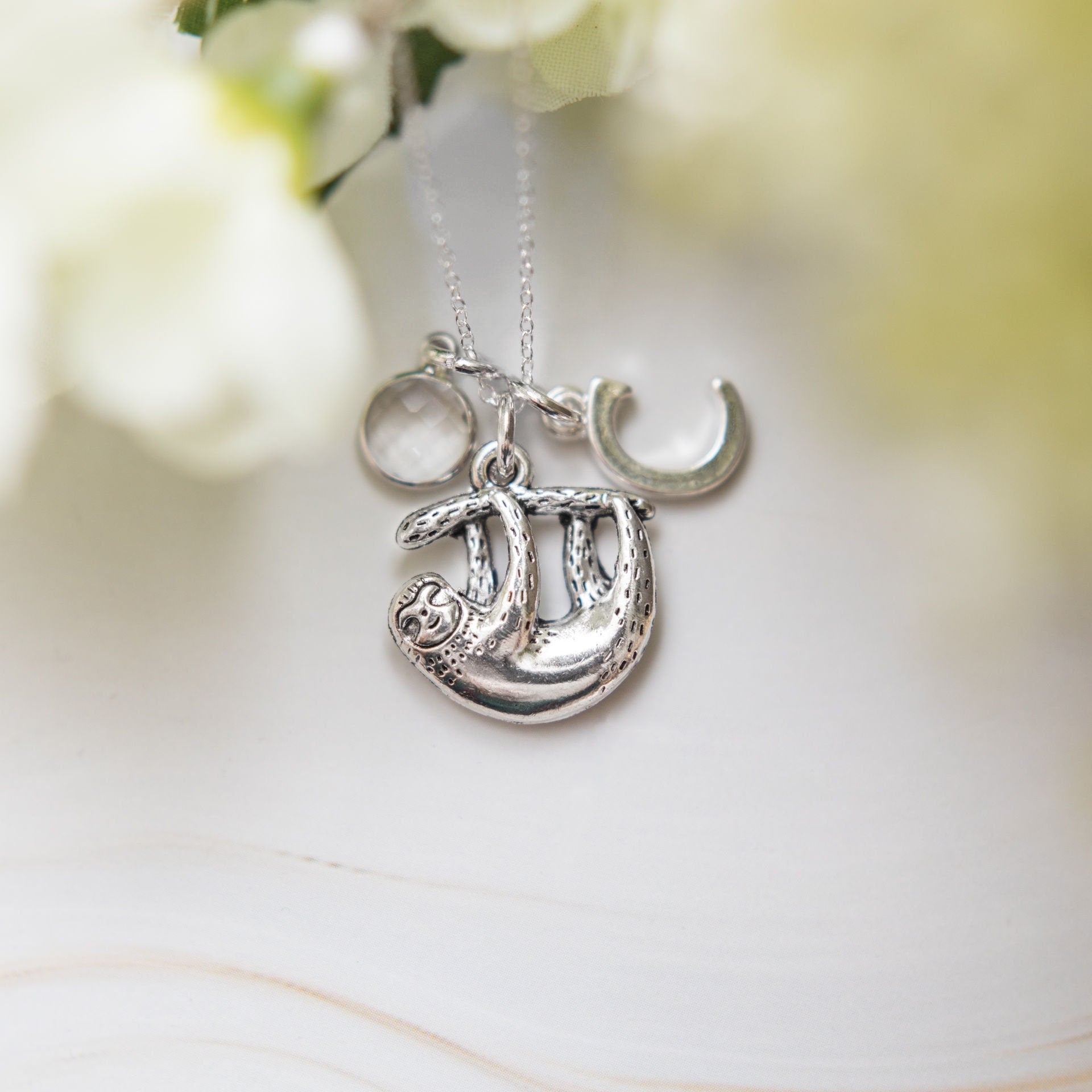 Sloth necklace, personalised gifts, sloth gifts, birthstone and initial jewellery, hanging sloth pendant, cute animal gift