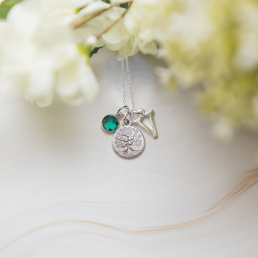 Tree Necklace, personalised gifts, round disc jewellery, oak accessory, birthstone initial letter, Mum Grandma family roots. Mothers Day