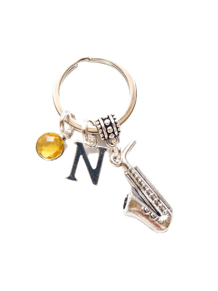 Saxophone keyring, personalised gifts, jazz music keychain, birthstone initial letter, instrument, music teacher thank you