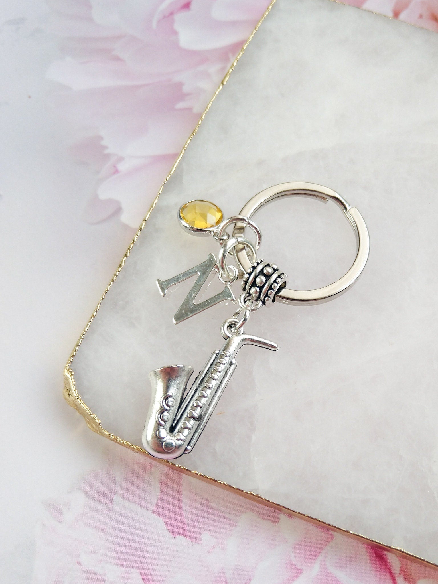 Saxophone keyring, personalised gifts, jazz music keychain, birthstone initial letter, instrument, music teacher thank you