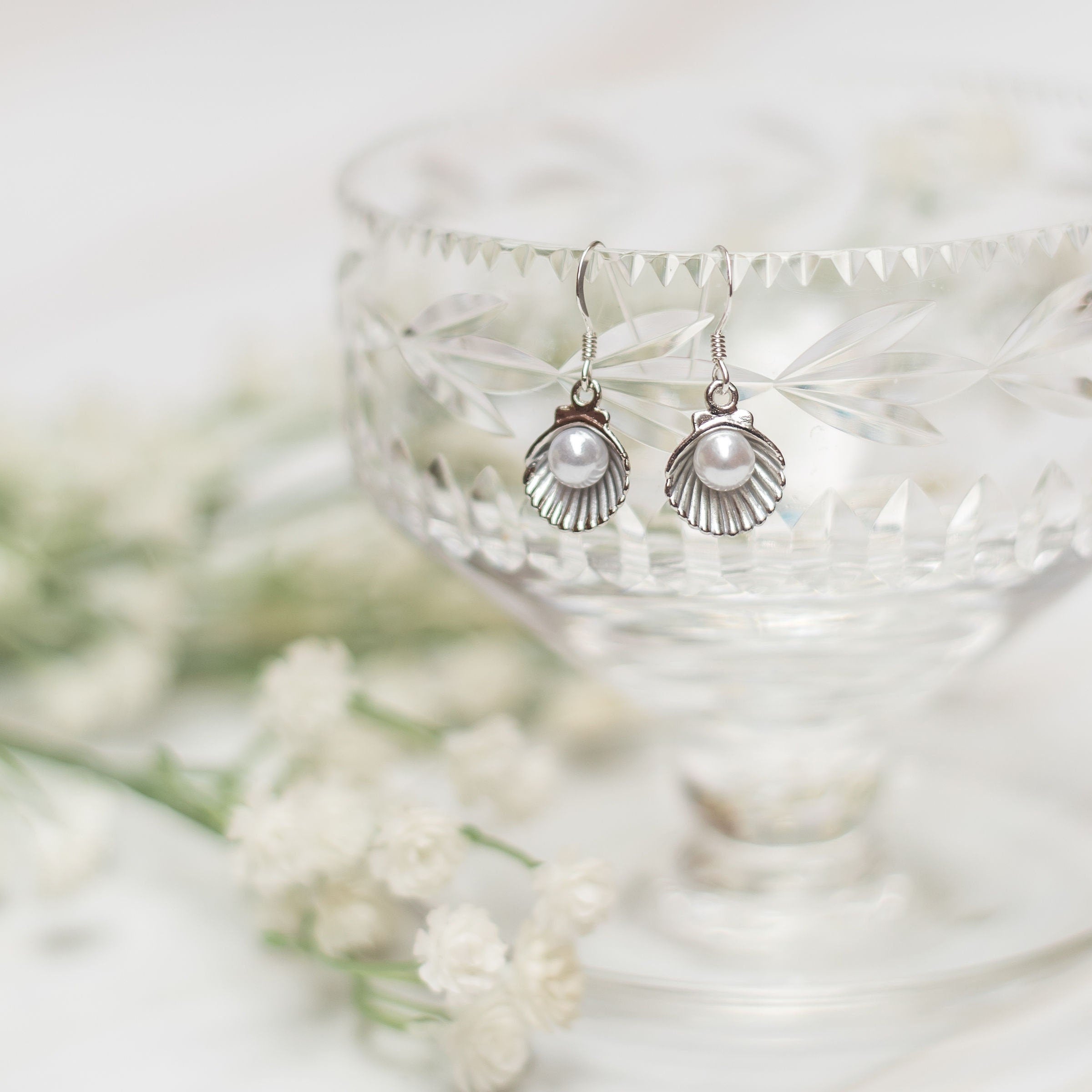 Shell earrings, seashell jewellery, beach holiday accessory, pearl dangle earrings, ocean sea gift, 40th pearl anniversary