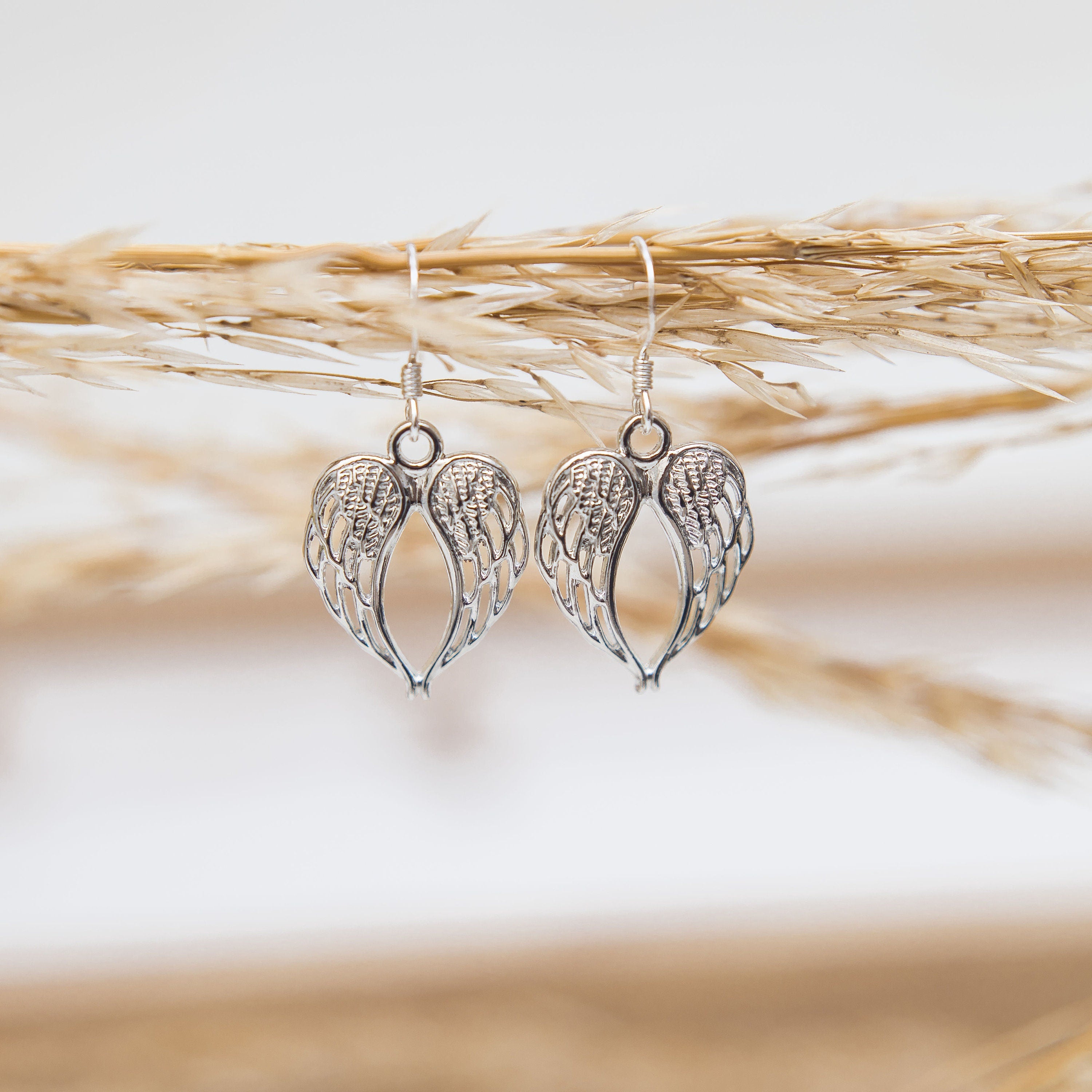 Angel wing earrings, guardian angels gift, charm drop dangle, simple everyday earring, double wing jewellery, remembrance memorial loss gift