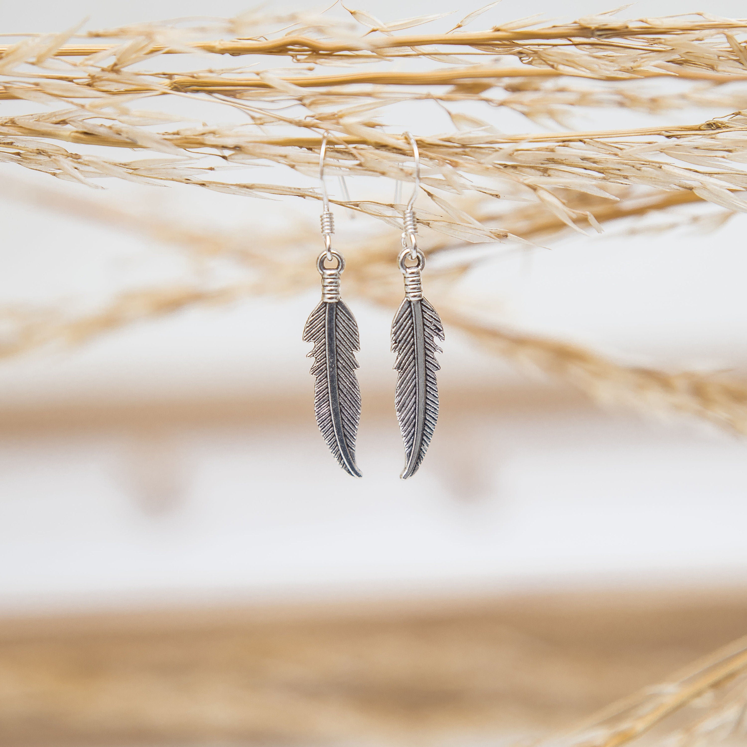 Feather earrings, boho hoop earring, leverback ear, non-pierced clip on, women's bird jewellery, wing remembrance gifts, dangle drop charm